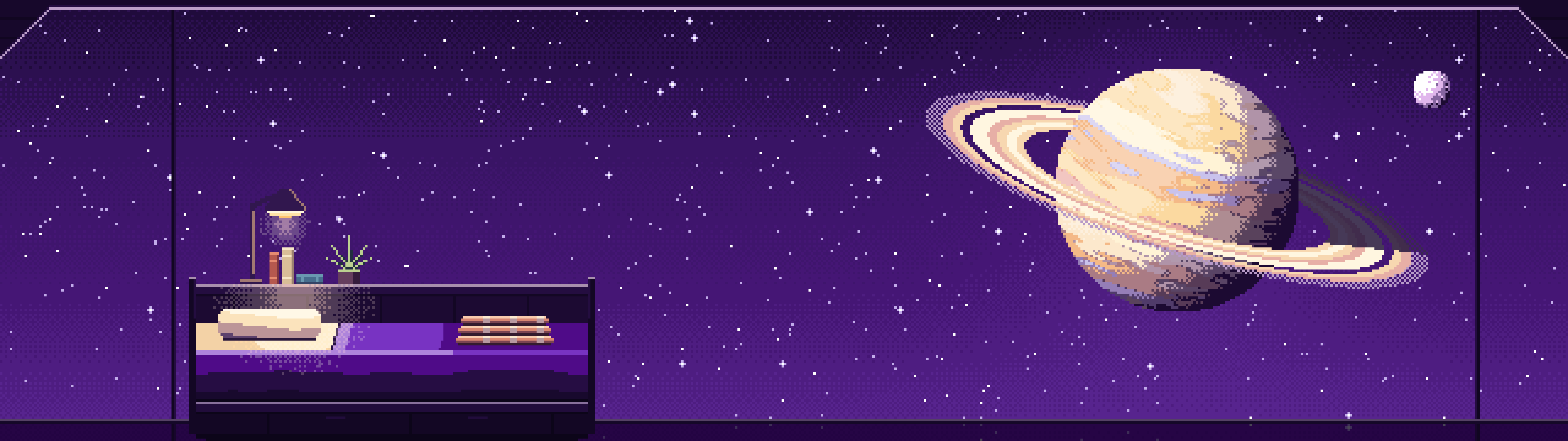 Dark Purple Pixel Art Space Station Bedroom and a Ringed Planet dual monitor wallpaper, 7680 × 2160
