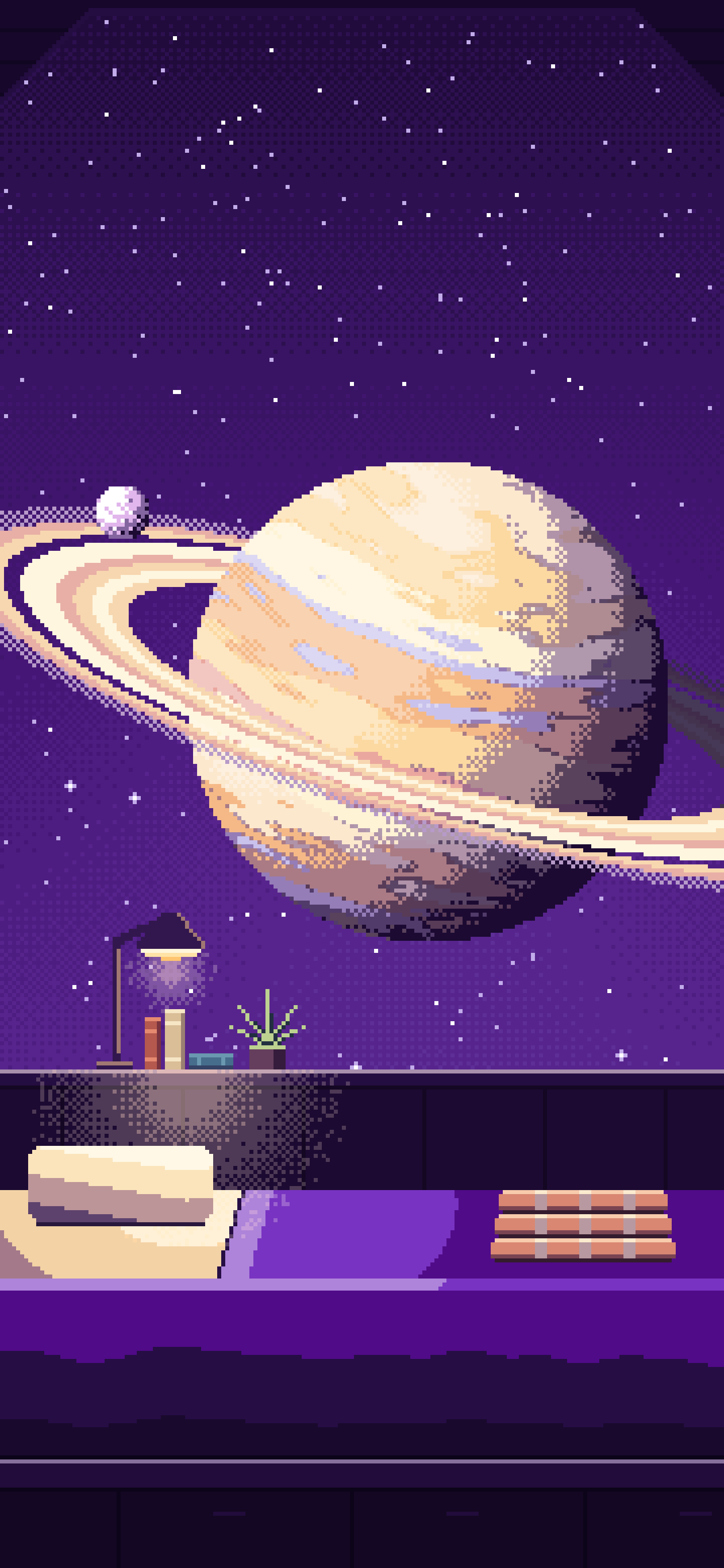 Dark Purple Pixel Art Space Station Bedroom and a Ringed Planet wallpaper for iPhone and Android