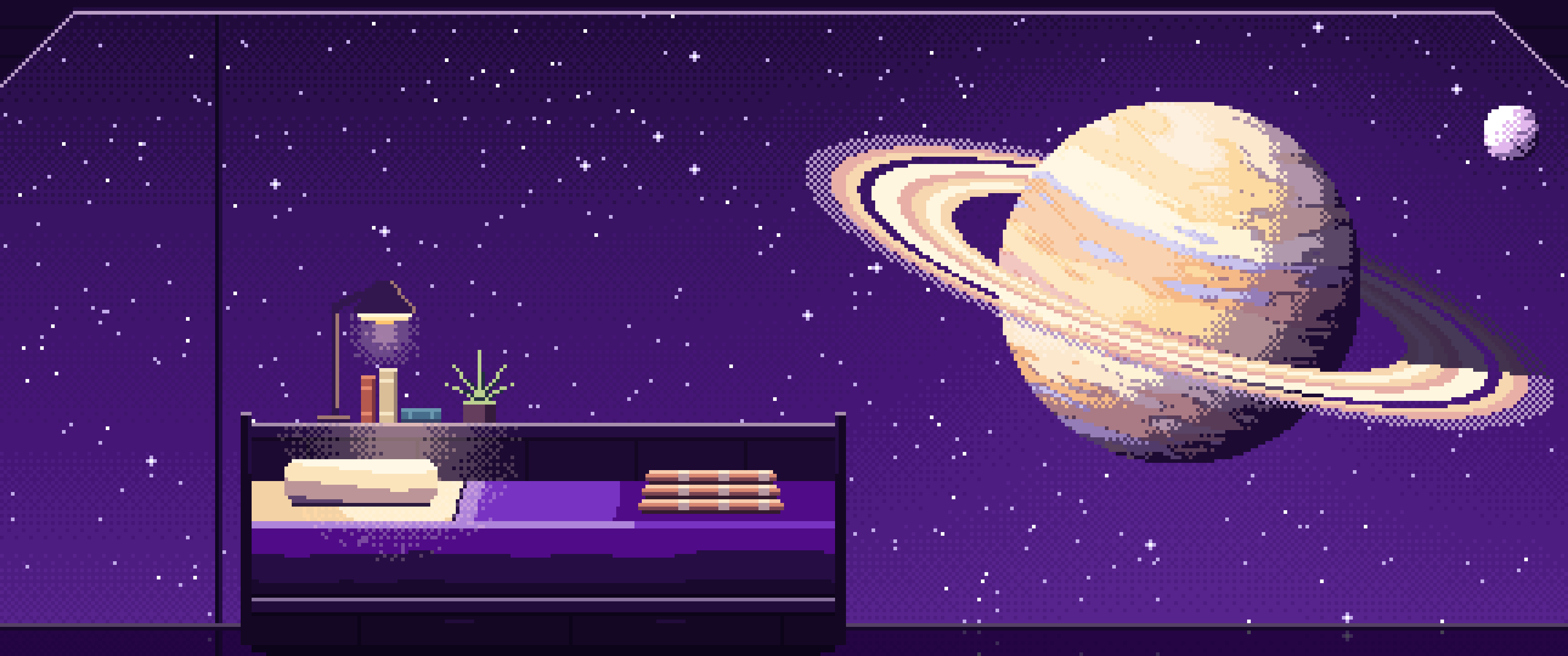 Dark Purple Pixel Art Space Station Bedroom and a Ringed Planet ultrawide wallpaper, 3440 × 1440