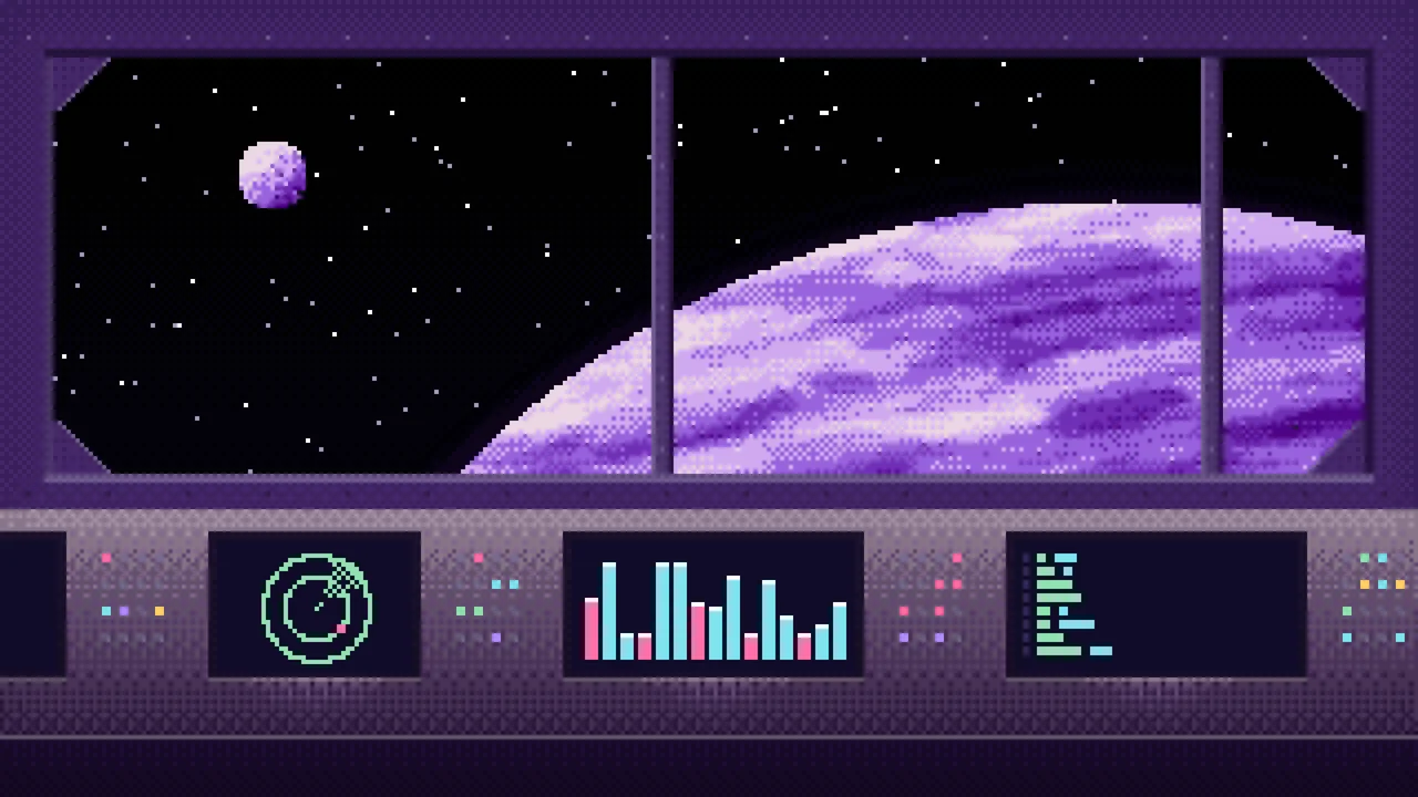 Dark Purple Pixel Art Space Station desktop wallpaper in 4K