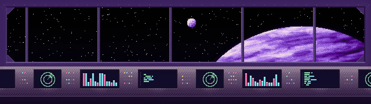 Dark Purple Pixel Art Space Station dual monitor wallpaper, 7680 × 2160