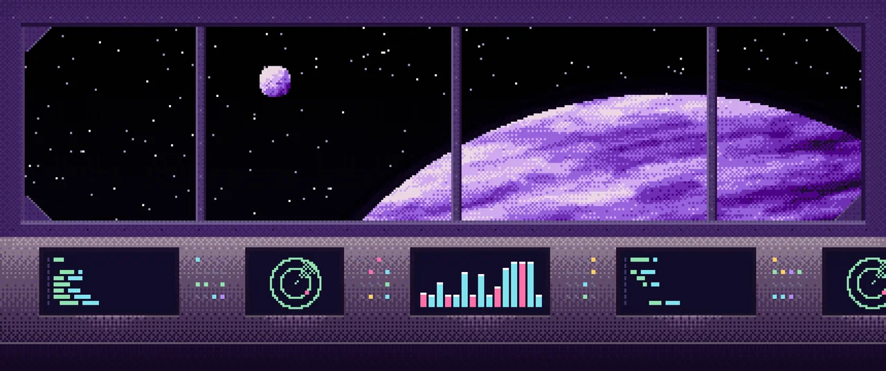 Dark Purple Pixel Art Space Station ultrawide wallpaper, 3440 × 1440