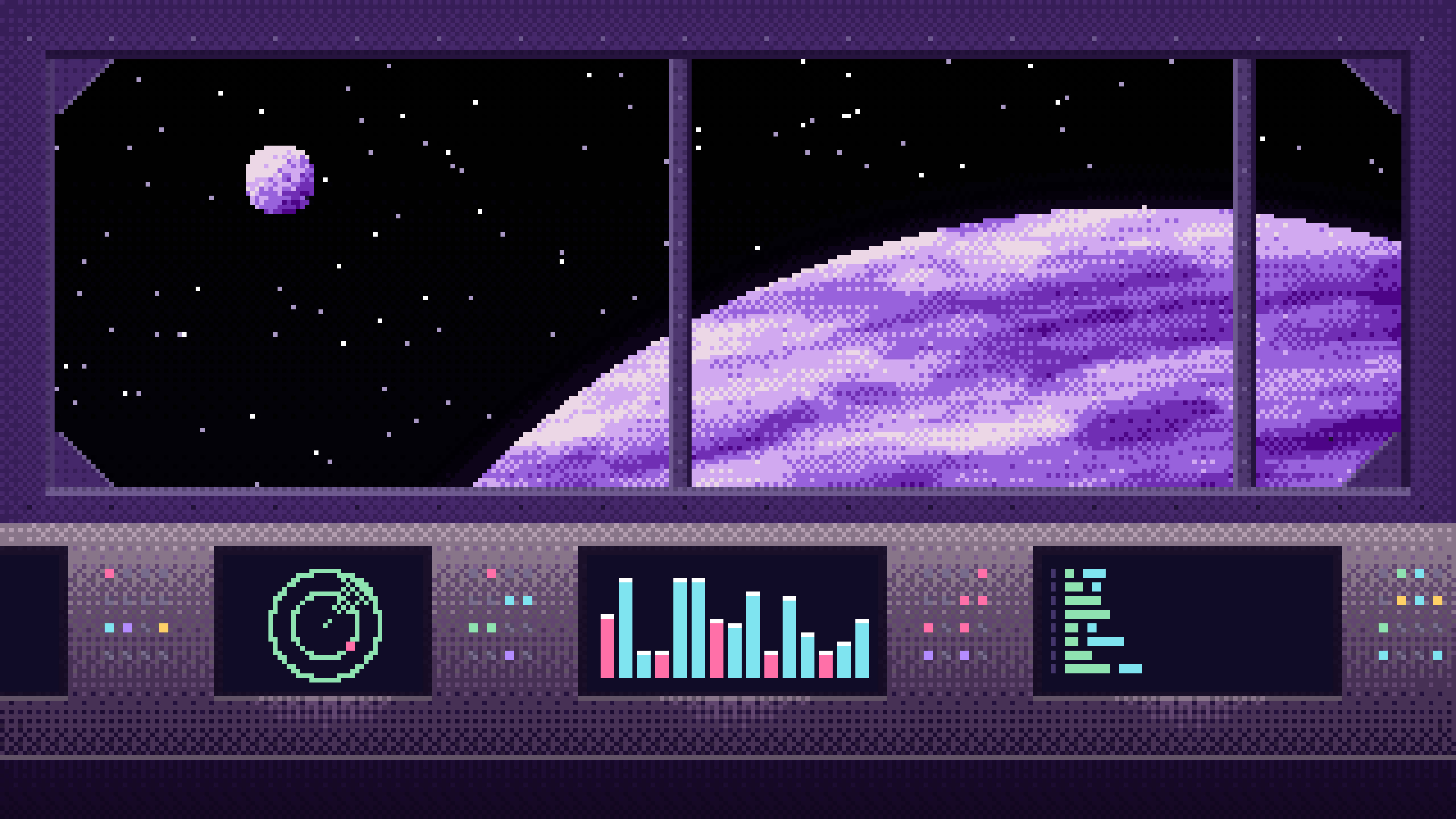 Dark Purple Pixel Art Space Station desktop wallpaper in 4K