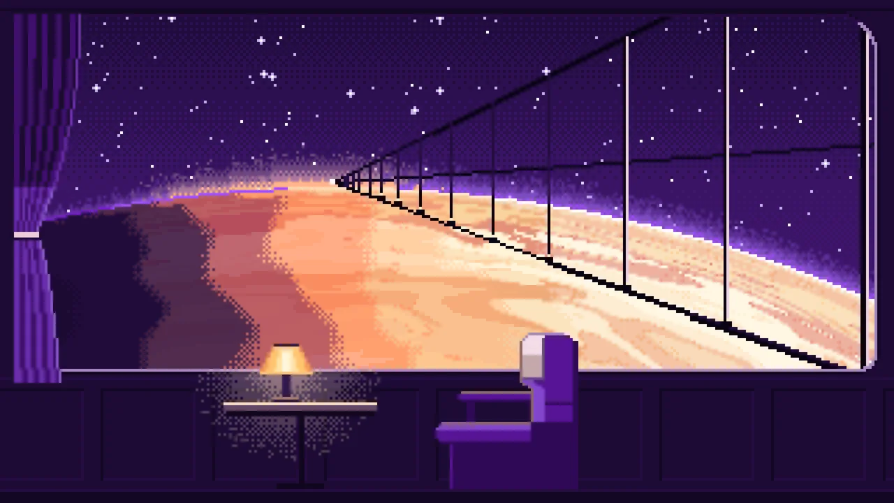 Dark Purple Pixel Art Space Train Window Above a Planet desktop wallpaper in 4K