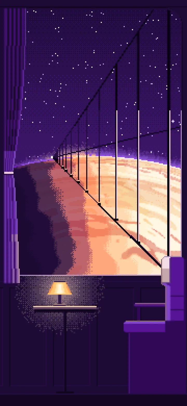 Dark Purple Pixel Art Space Train Window Above a Planet wallpaper for iPhone and Android