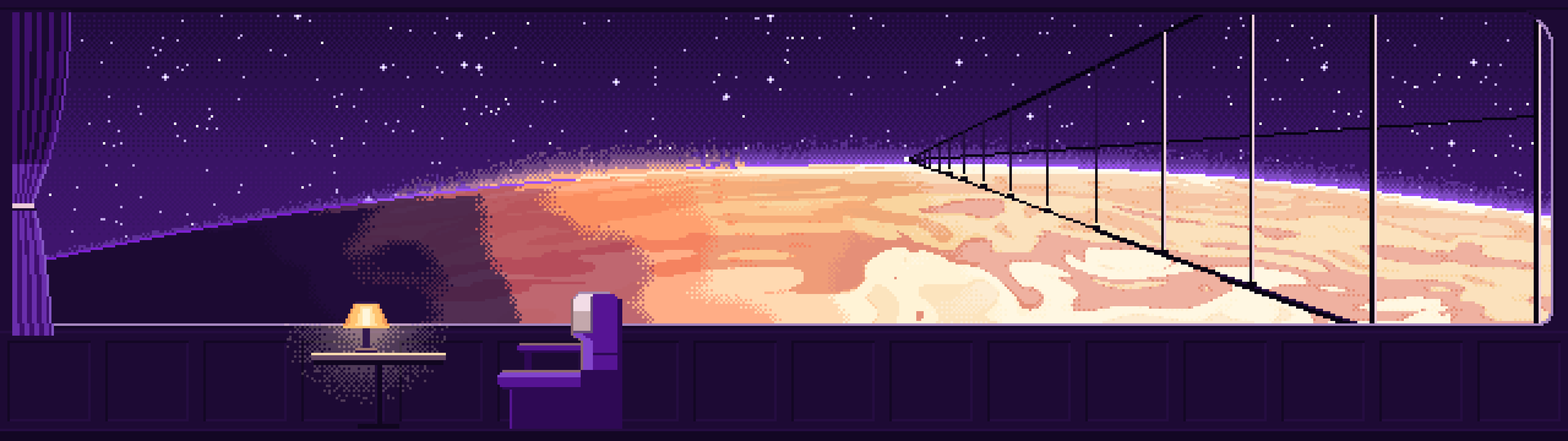 Dark Purple Pixel Art Space Train Window Above a Planet dual monitor wallpaper, 7680 × 2160