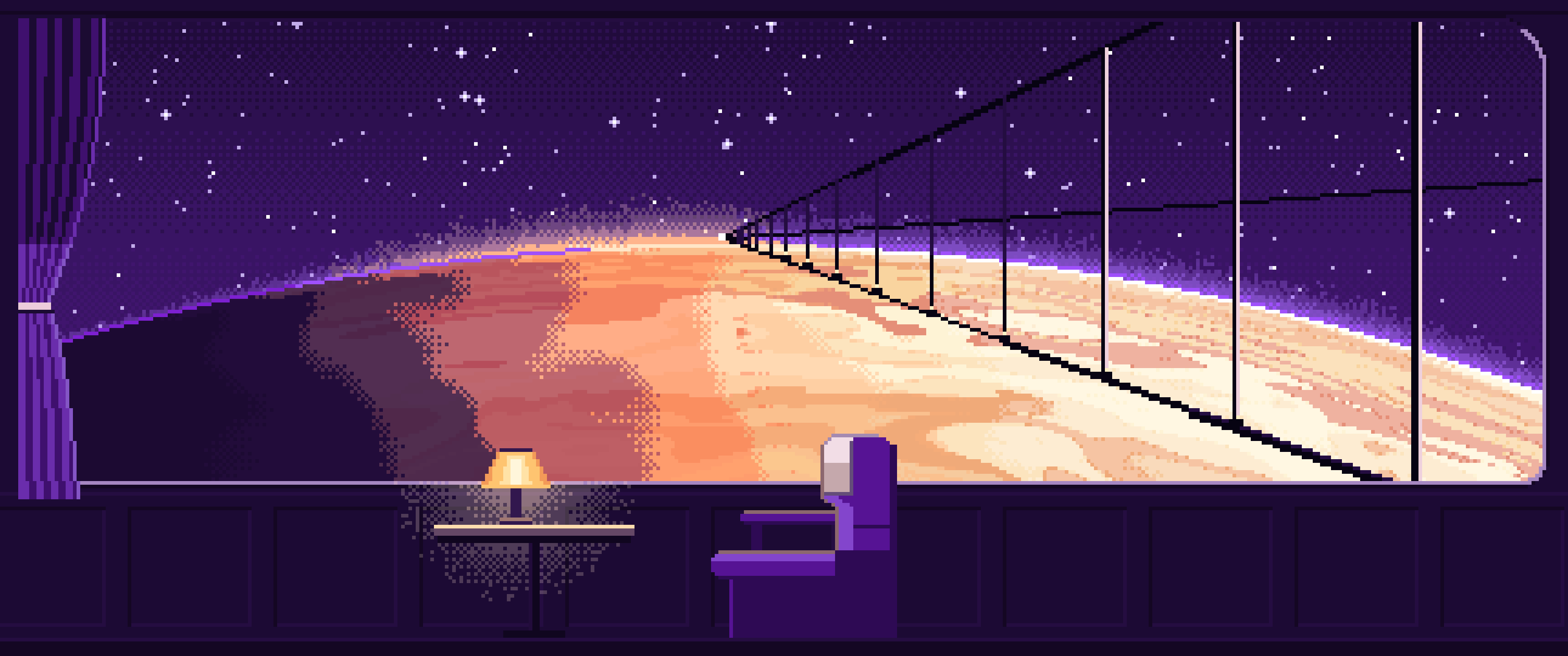 Dark Purple Pixel Art Space Train Window Above a Planet ultrawide wallpaper, 3440 × 1440