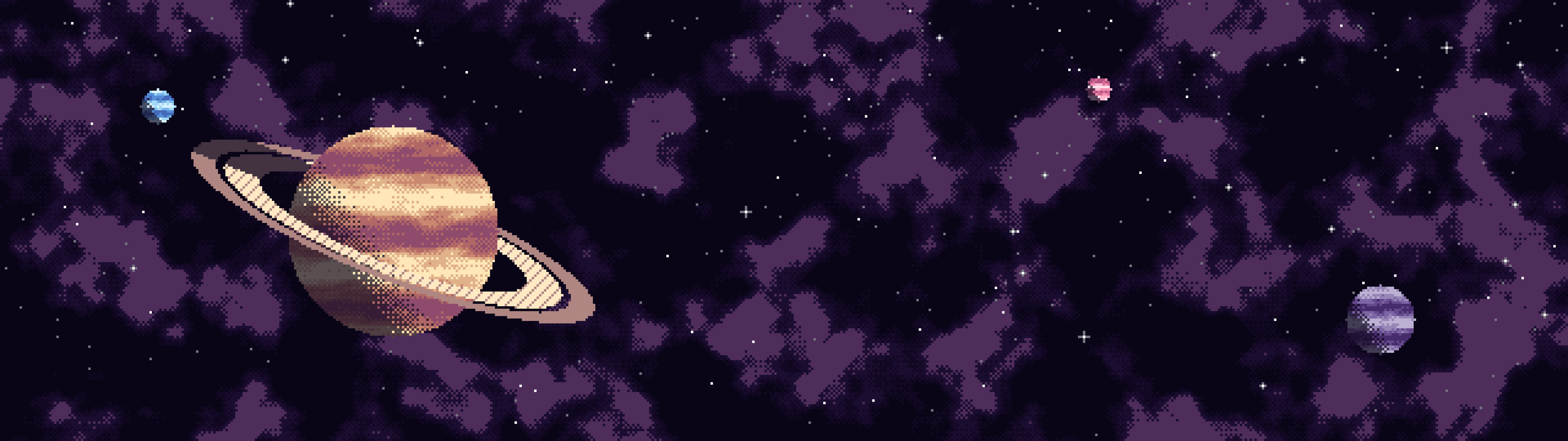 Dark Purple Pixel Art Space dual monitor wallpaper, 7680 × 2160