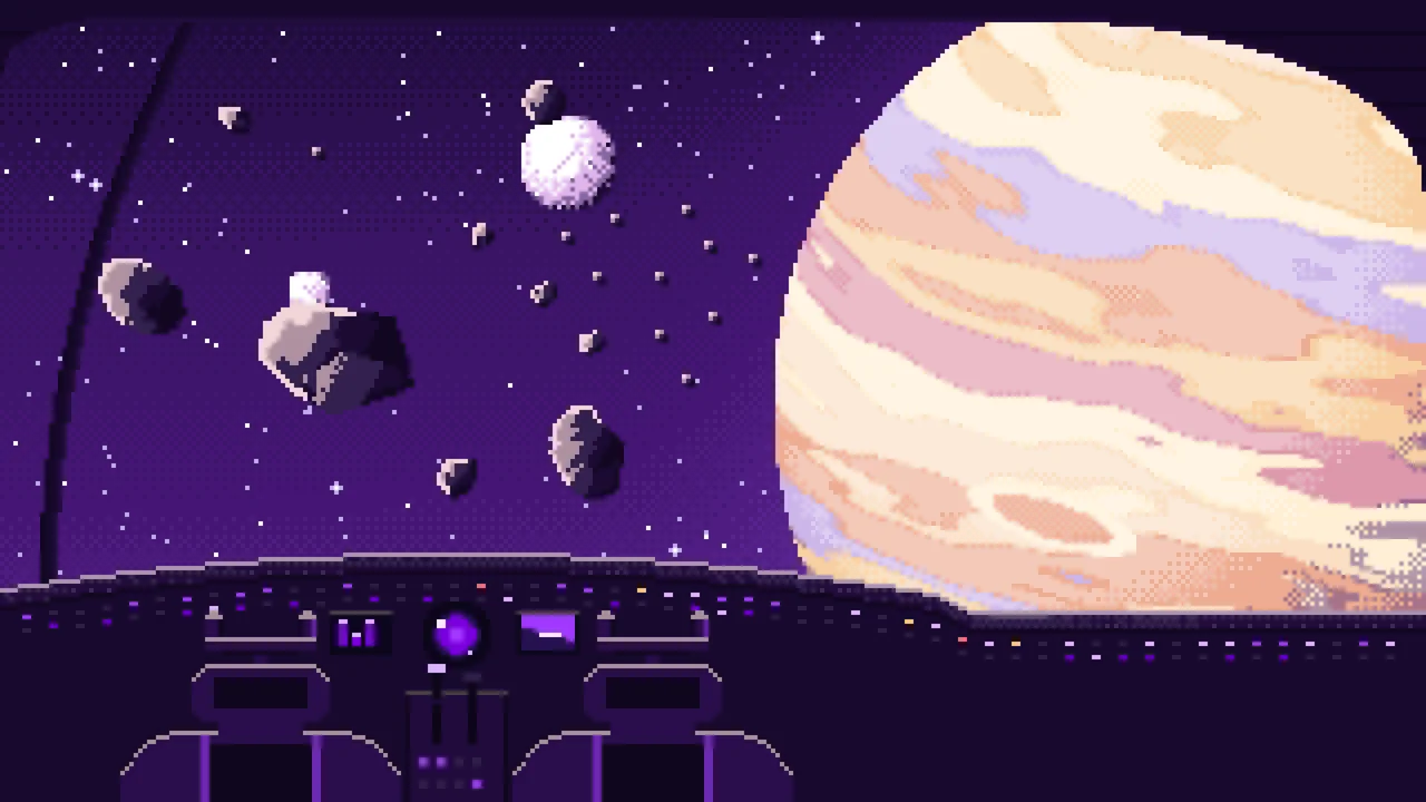 Dark Purple Pixel Art Spaceship Cockpit and a Giant Planet desktop wallpaper in 4K