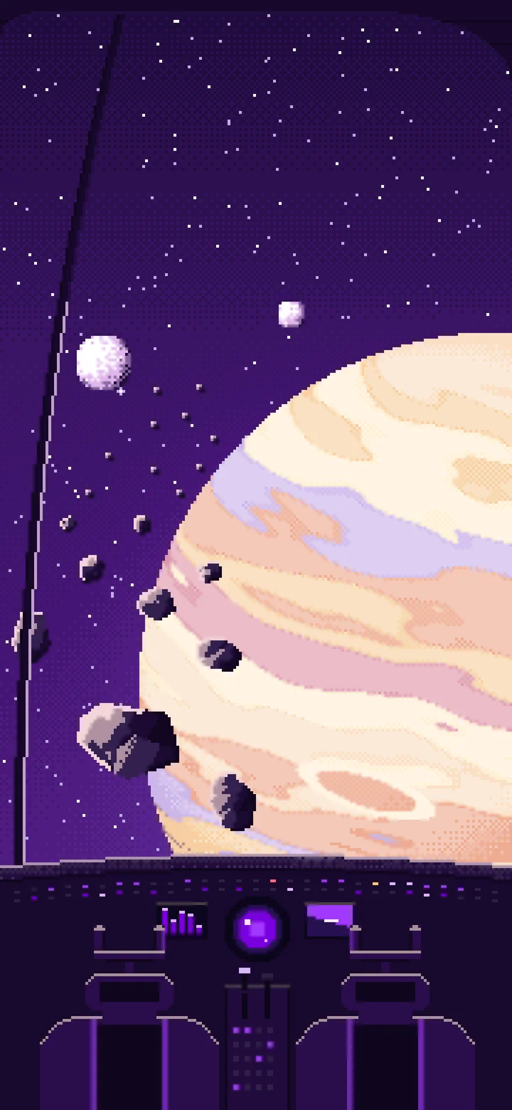Dark Purple Pixel Art Spaceship Cockpit and a Giant Planet wallpaper for iPhone and Android