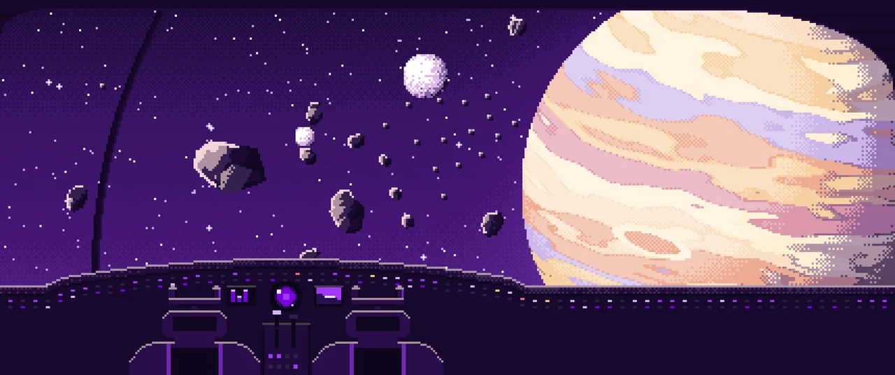 Dark Purple Pixel Art Spaceship Cockpit and a Giant Planet ultrawide wallpaper, 3440 × 1440