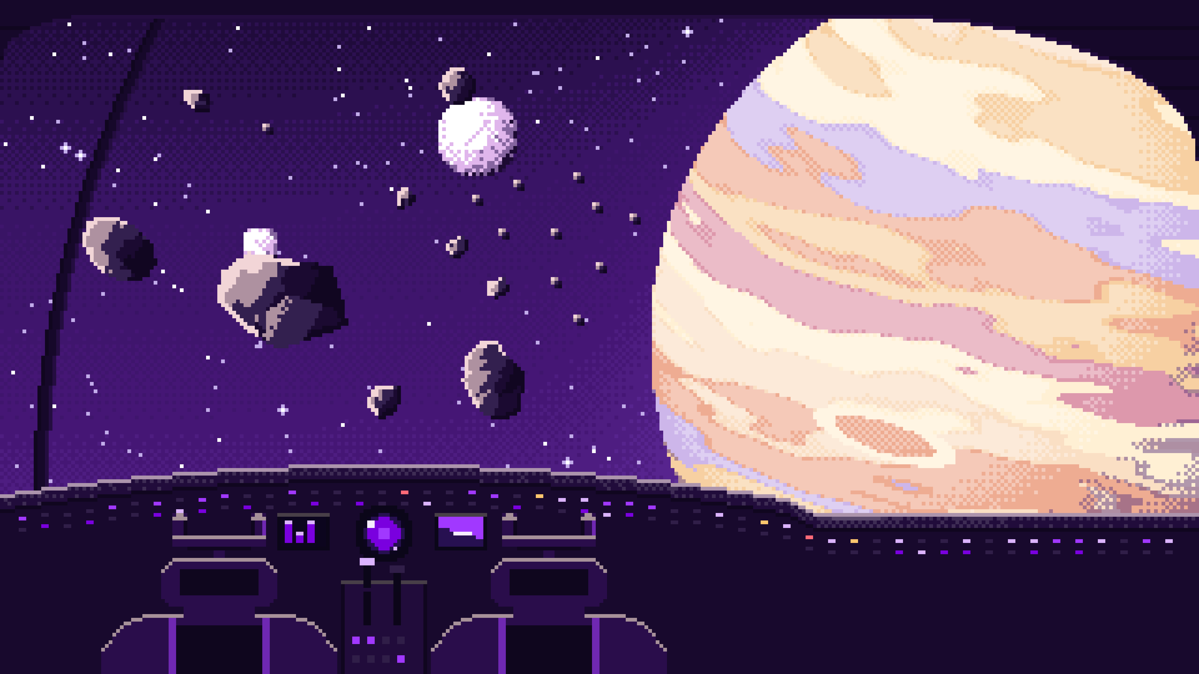 Dark Purple Pixel Art Spaceship Cockpit and a Giant Planet desktop wallpaper in 4K
