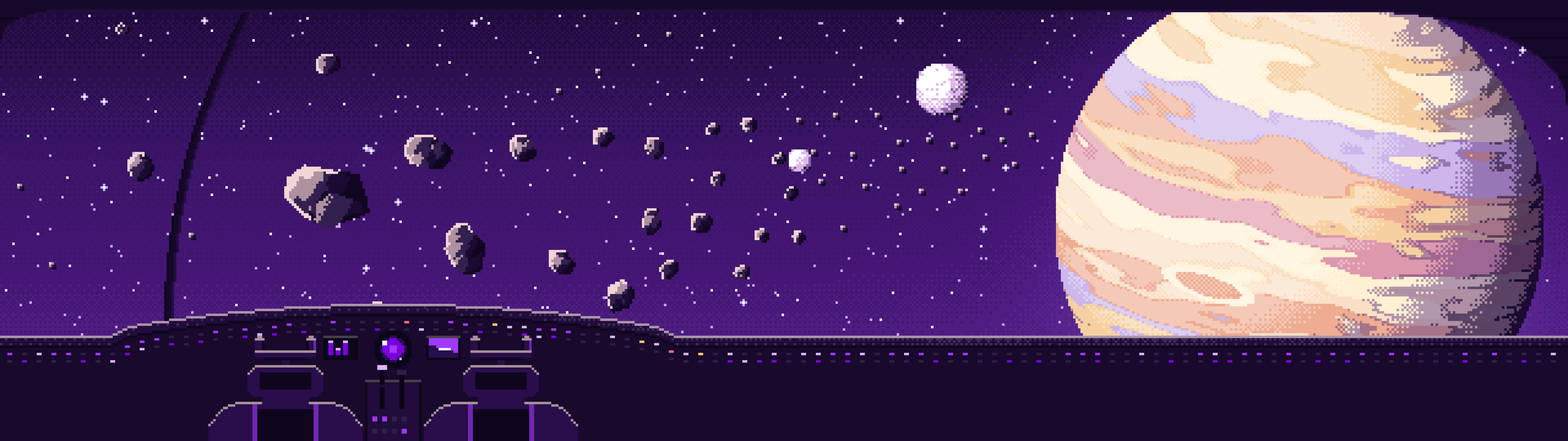 Dark Purple Pixel Art Spaceship Cockpit and a Giant Planet dual monitor wallpaper, 7680 × 2160