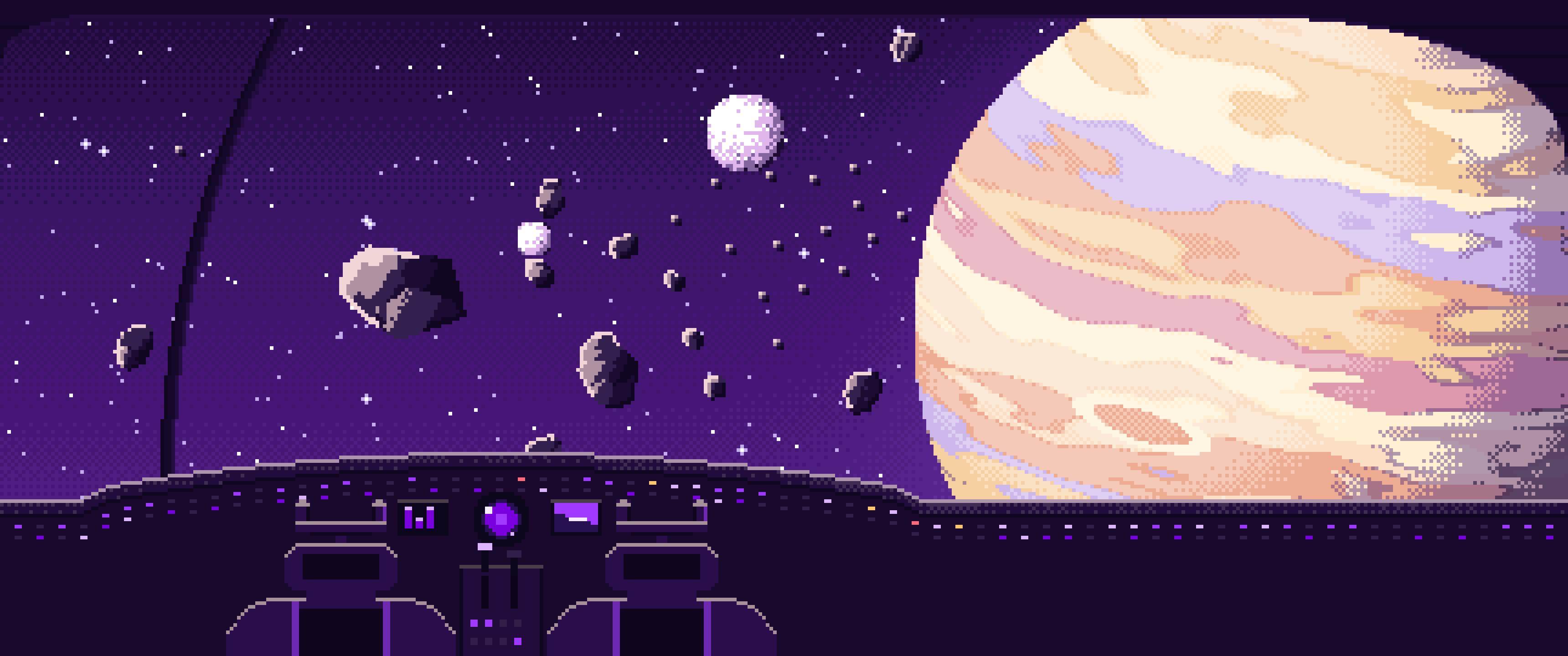 Dark Purple Pixel Art Spaceship Cockpit and a Giant Planet ultrawide wallpaper, 3440 × 1440