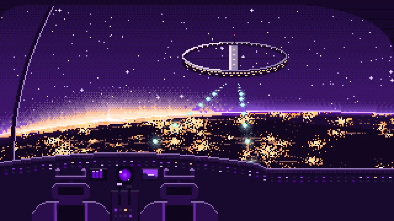 Dark Purple Pixel Art Spaceship Cockpit Approaching a Planet at Night desktop wallpaper in 4K