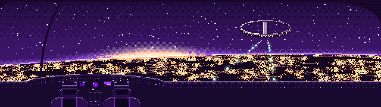 Dark Purple Pixel Art Spaceship Cockpit Approaching a Planet at Night dual monitor wallpaper, 7680 × 2160
