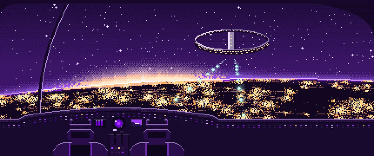 Dark Purple Pixel Art Spaceship Cockpit Approaching a Planet at Night ultrawide wallpaper, 3440 × 1440