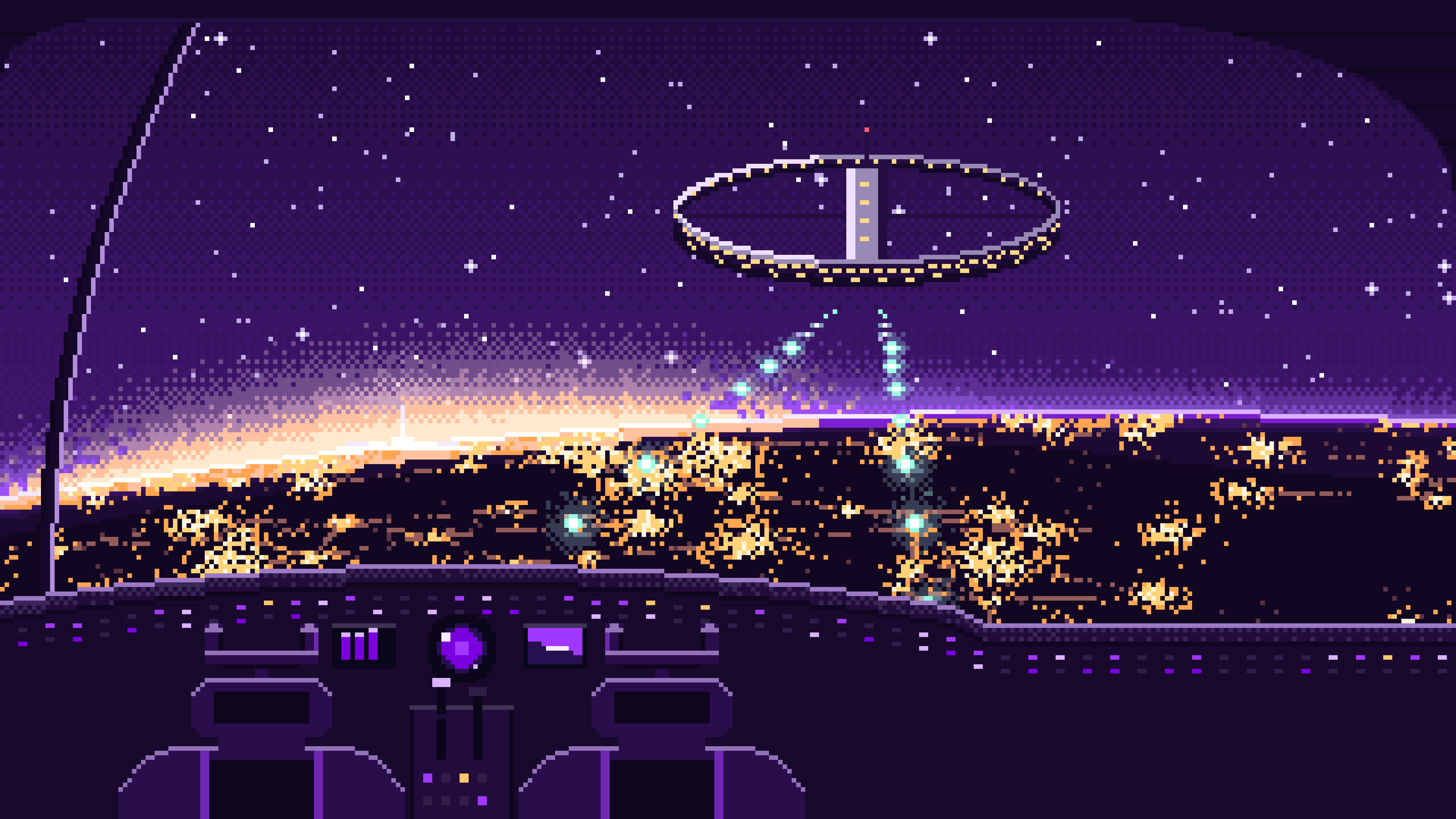 Dark Purple Pixel Art Spaceship Cockpit Approaching a Planet at Night desktop wallpaper in 4K