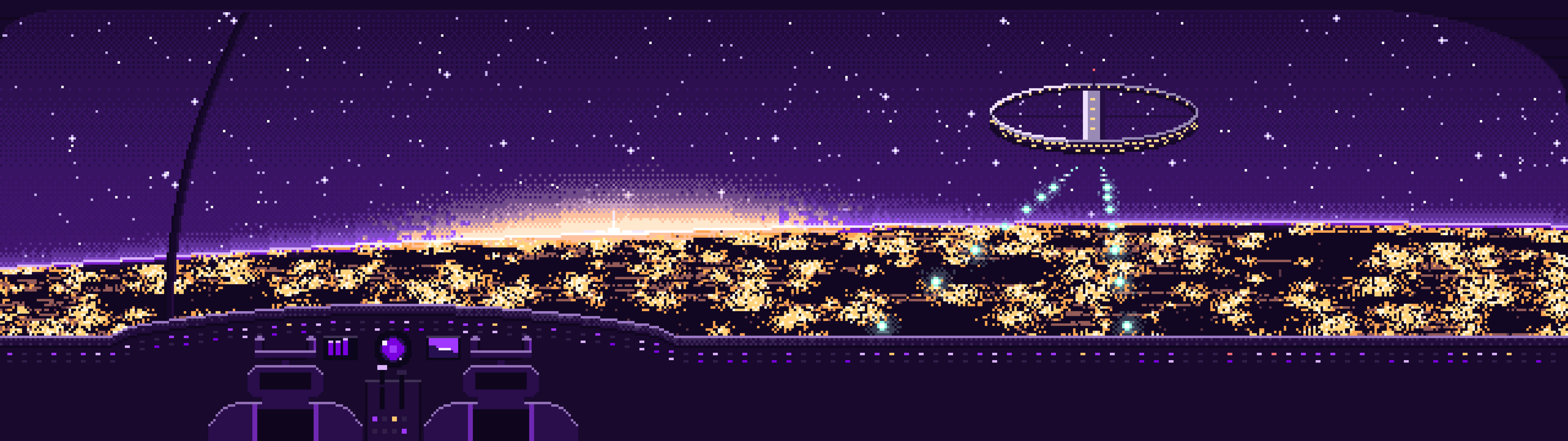 Dark Purple Pixel Art Spaceship Cockpit Approaching a Planet at Night dual monitor wallpaper, 7680 × 2160