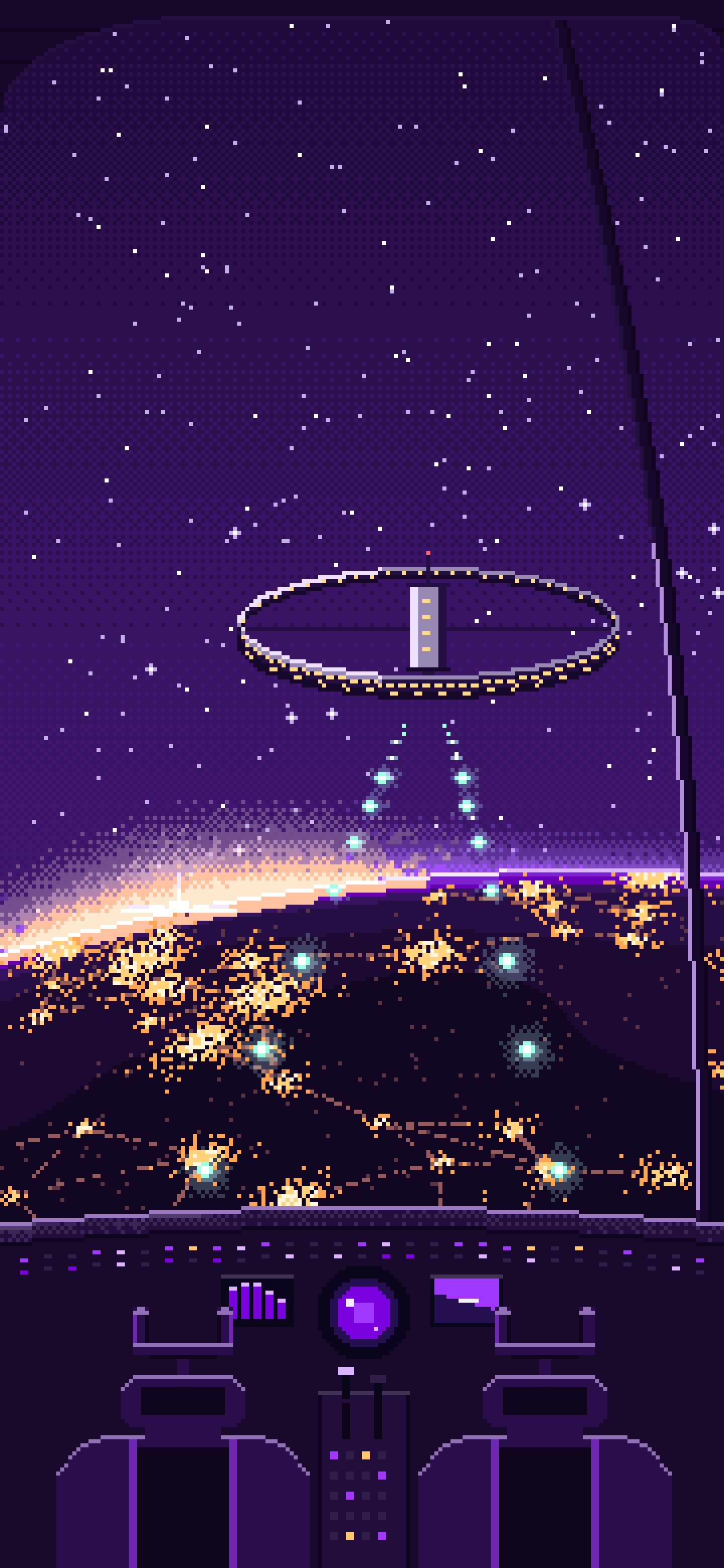 Dark Purple Pixel Art Spaceship Cockpit Approaching a Planet at Night wallpaper for iPhone and Android