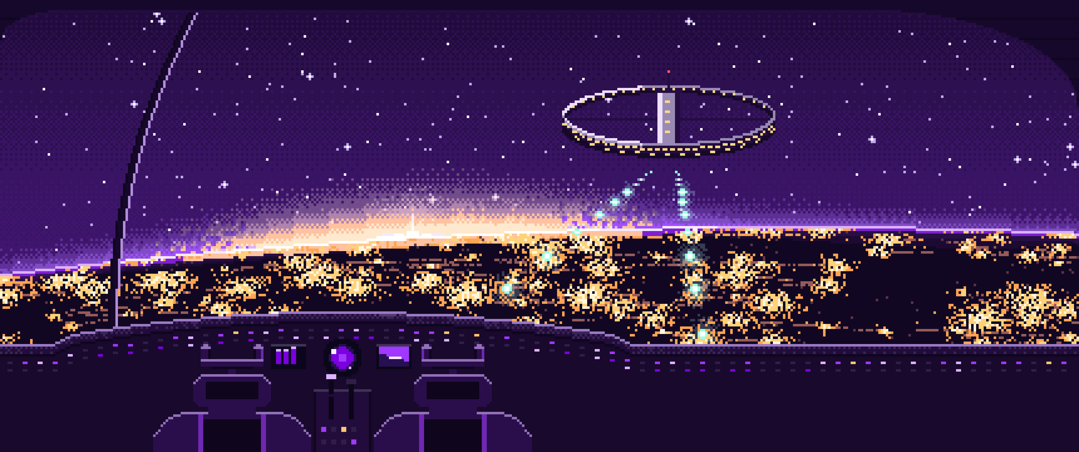 Dark Purple Pixel Art Spaceship Cockpit Approaching a Planet at Night ultrawide wallpaper, 3440 × 1440