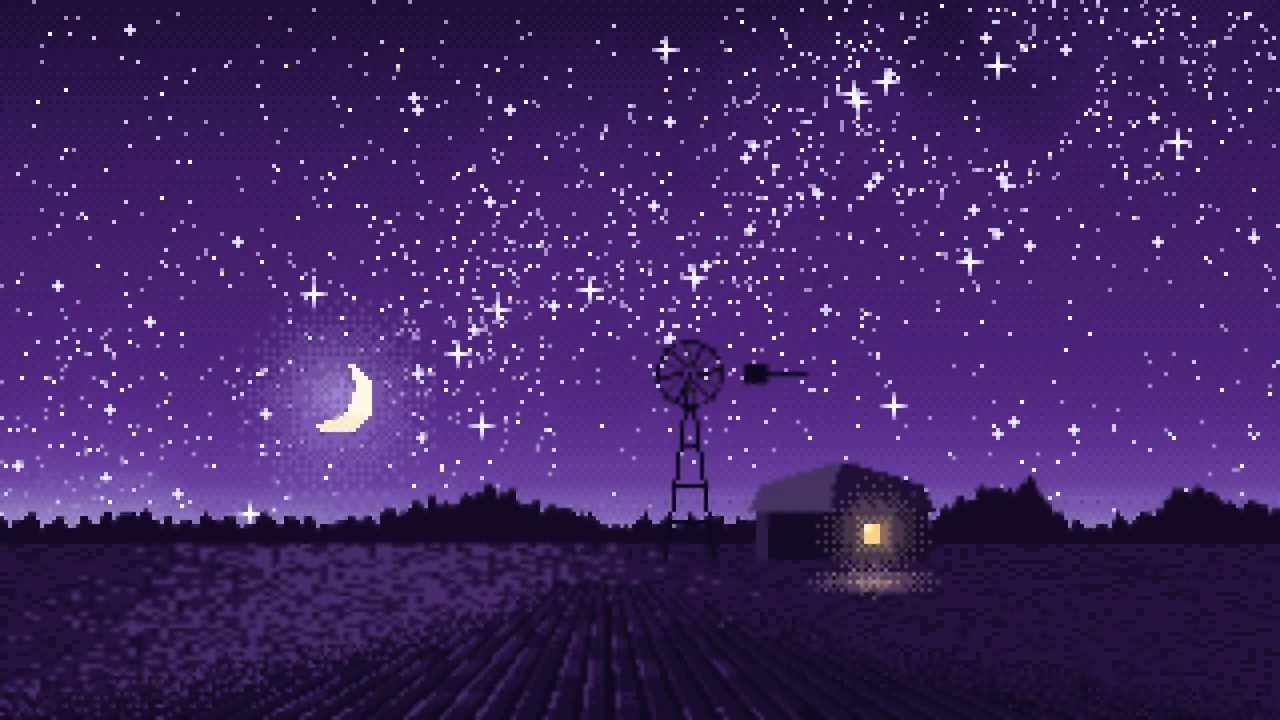 Dark Purple Pixel Art Starry Night Sky Over a Field desktop wallpaper in 4K