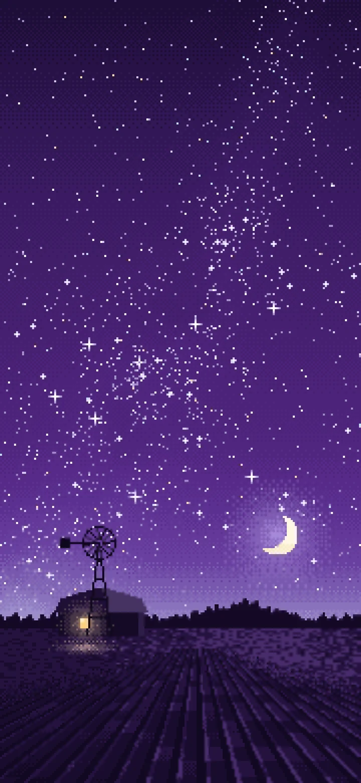Dark Purple Pixel Art Starry Night Sky Over a Field wallpaper for iPhone and Android