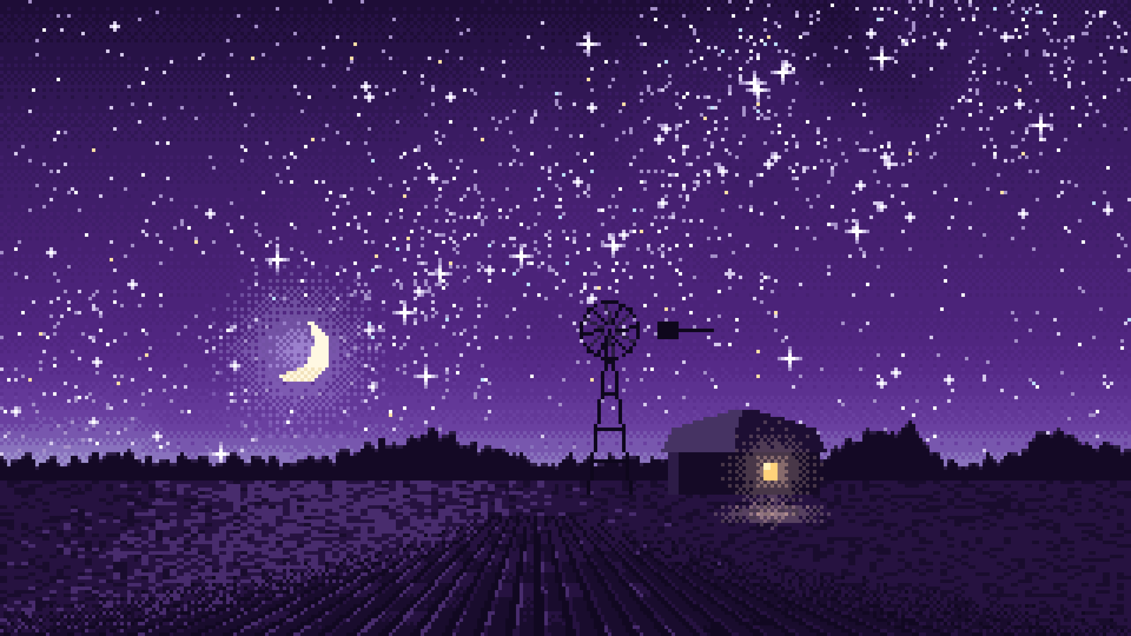 Dark Purple Pixel Art Starry Night Sky Over a Field desktop wallpaper in 4K