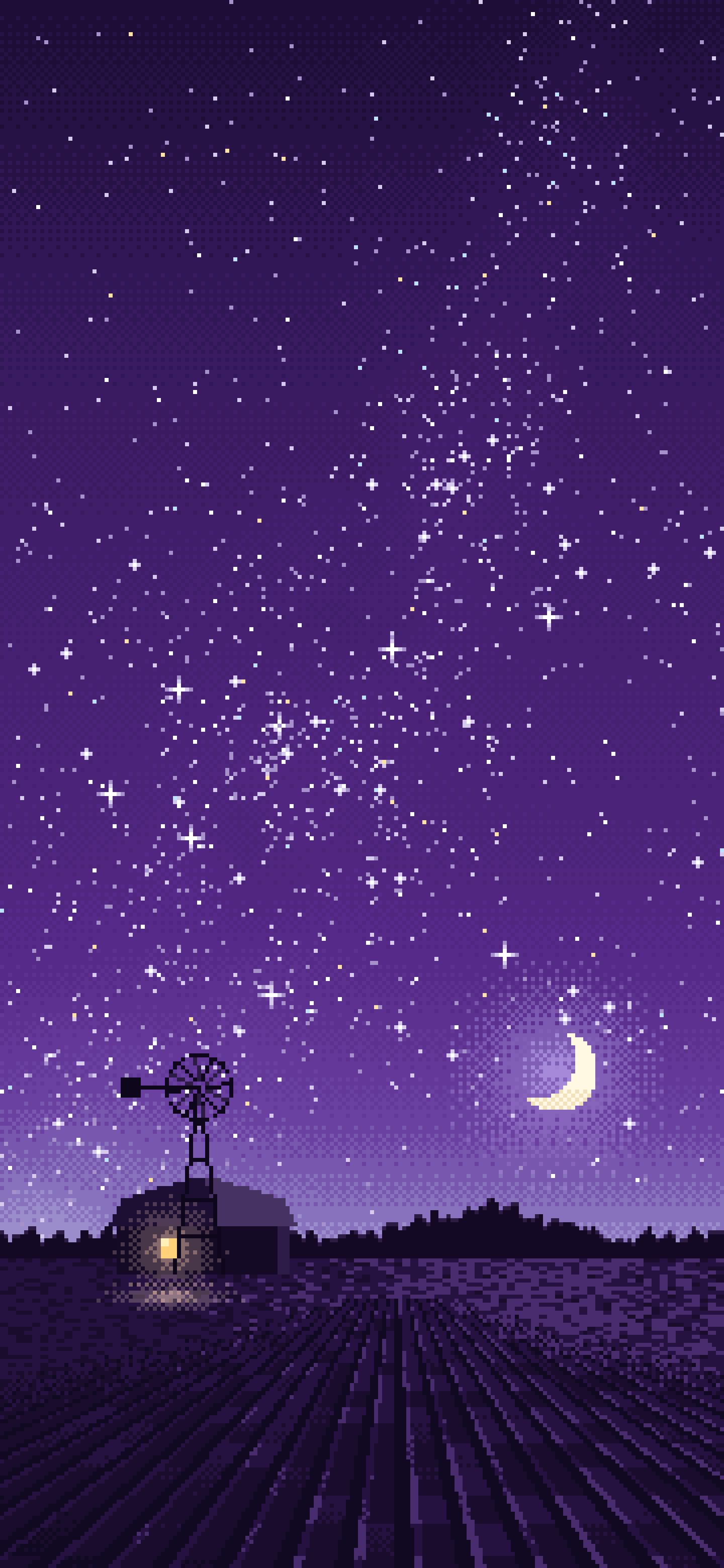 Dark Purple Pixel Art Starry Night Sky Over a Field wallpaper for iPhone and Android