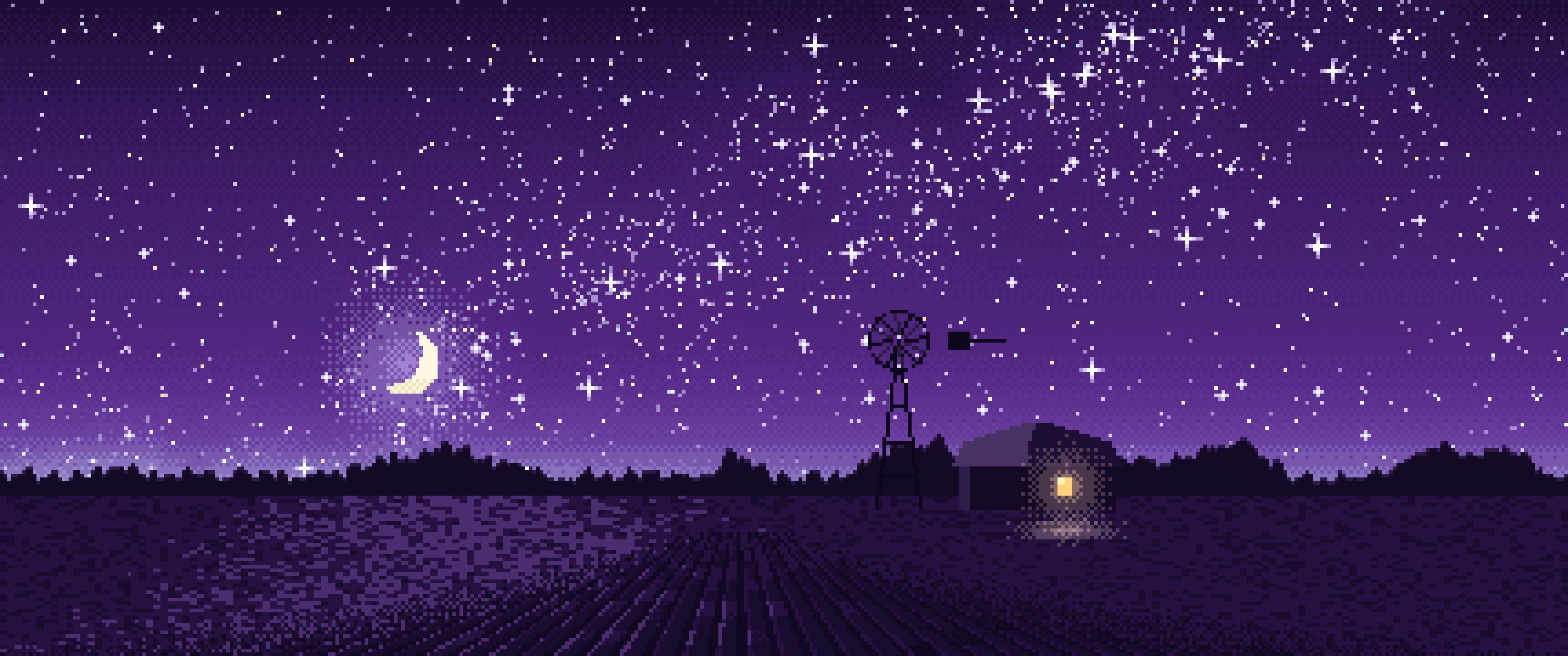 Dark Purple Pixel Art Starry Night Sky Over a Field ultrawide wallpaper, 3440 × 1440
