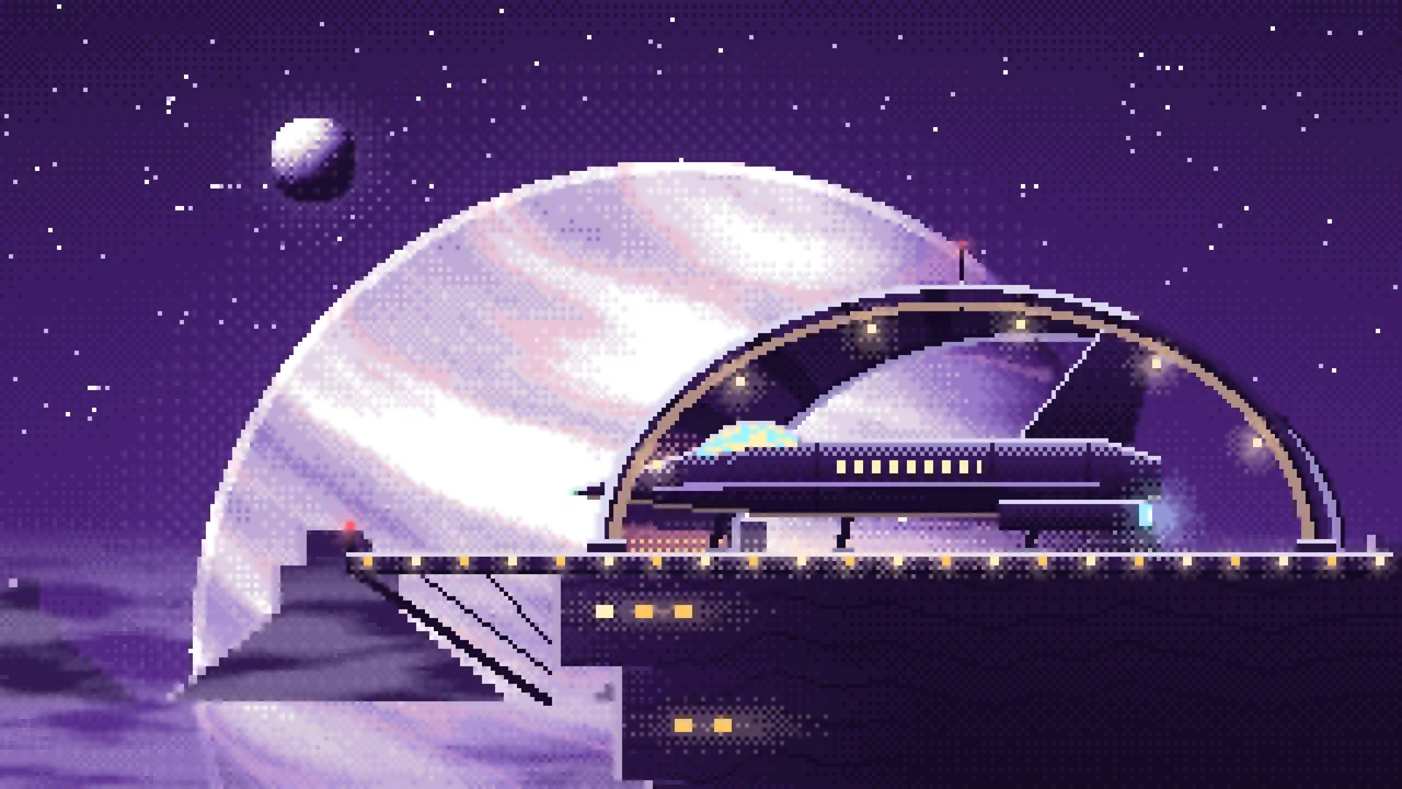 Dark Purple Pixel Art Starship Hangar at Planet Rise desktop wallpaper in 4K