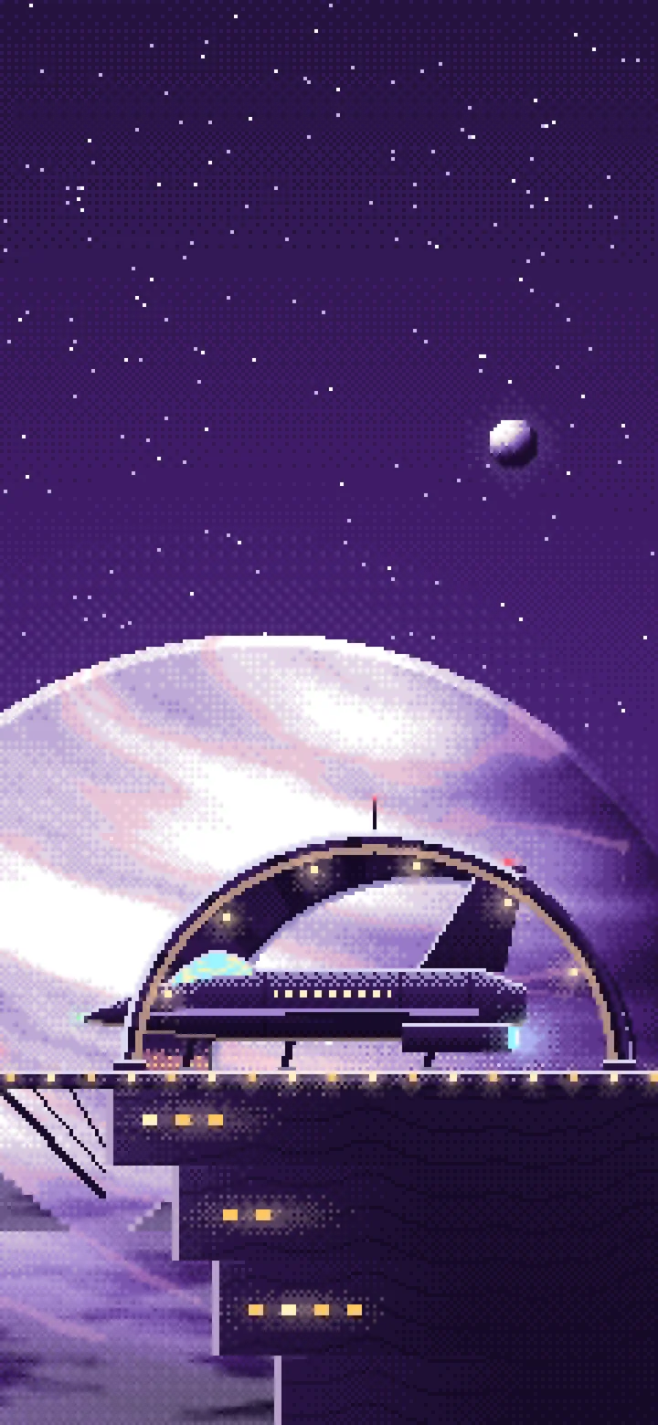 Dark Purple Pixel Art Starship Hangar at Planet Rise wallpaper for iPhone and Android