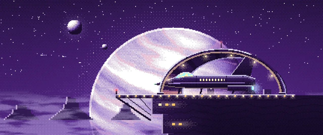 Dark Purple Pixel Art Starship Hangar at Planet Rise ultrawide wallpaper, 3440 × 1440