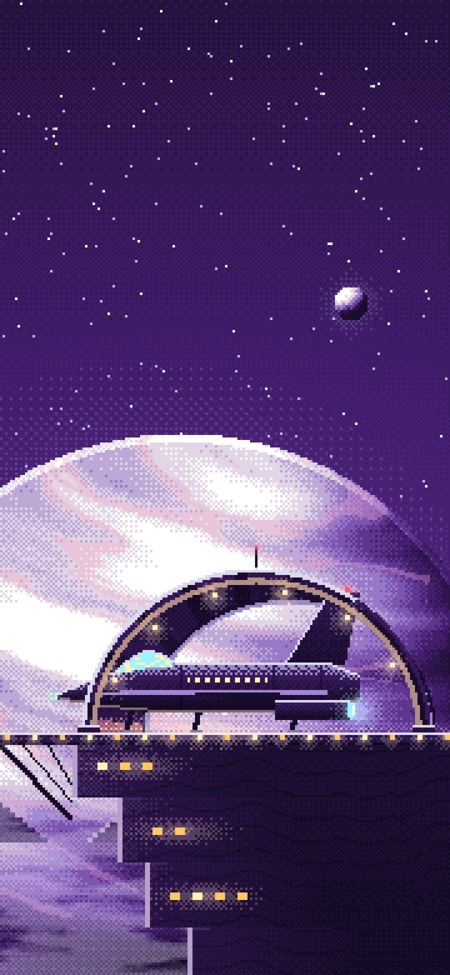 Dark Purple Pixel Art Starship Hangar at Planet Rise wallpaper for iPhone and Android
