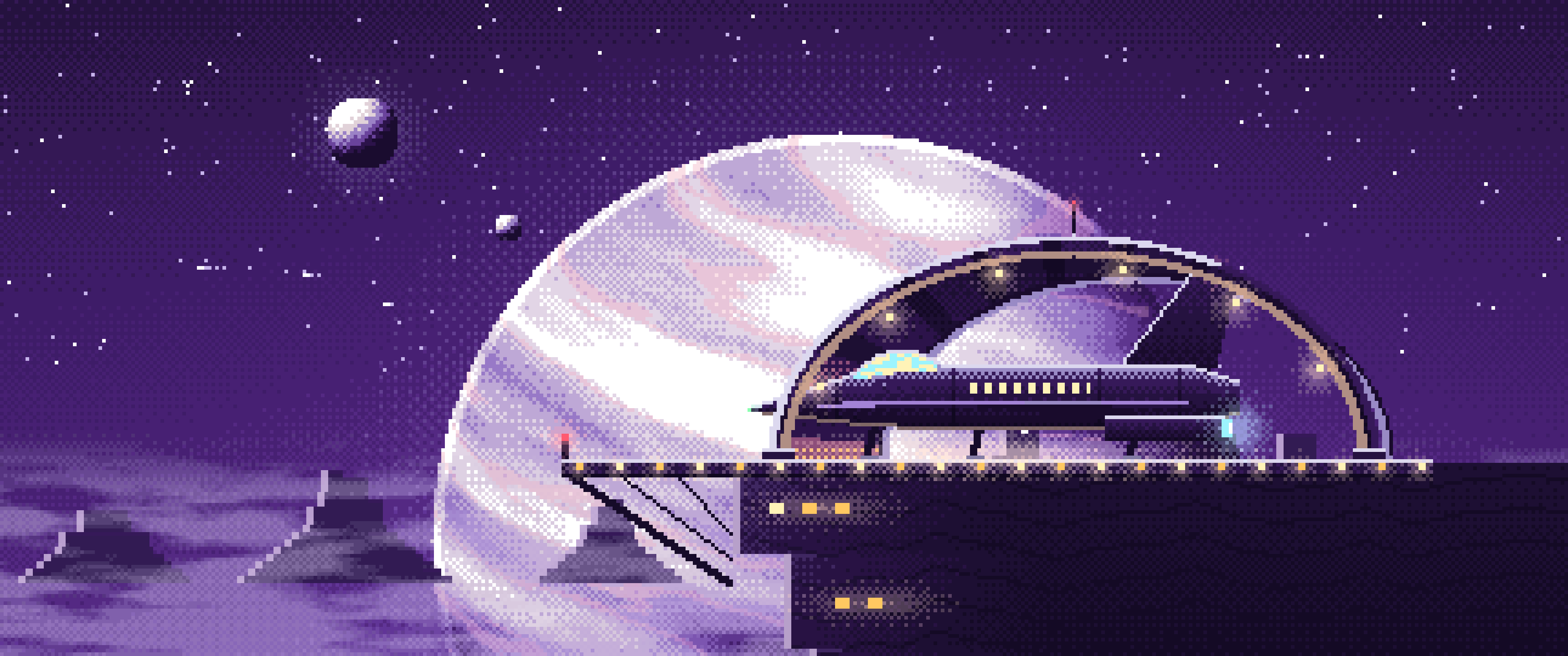 Dark Purple Pixel Art Starship Hangar at Planet Rise ultrawide wallpaper, 3440 × 1440