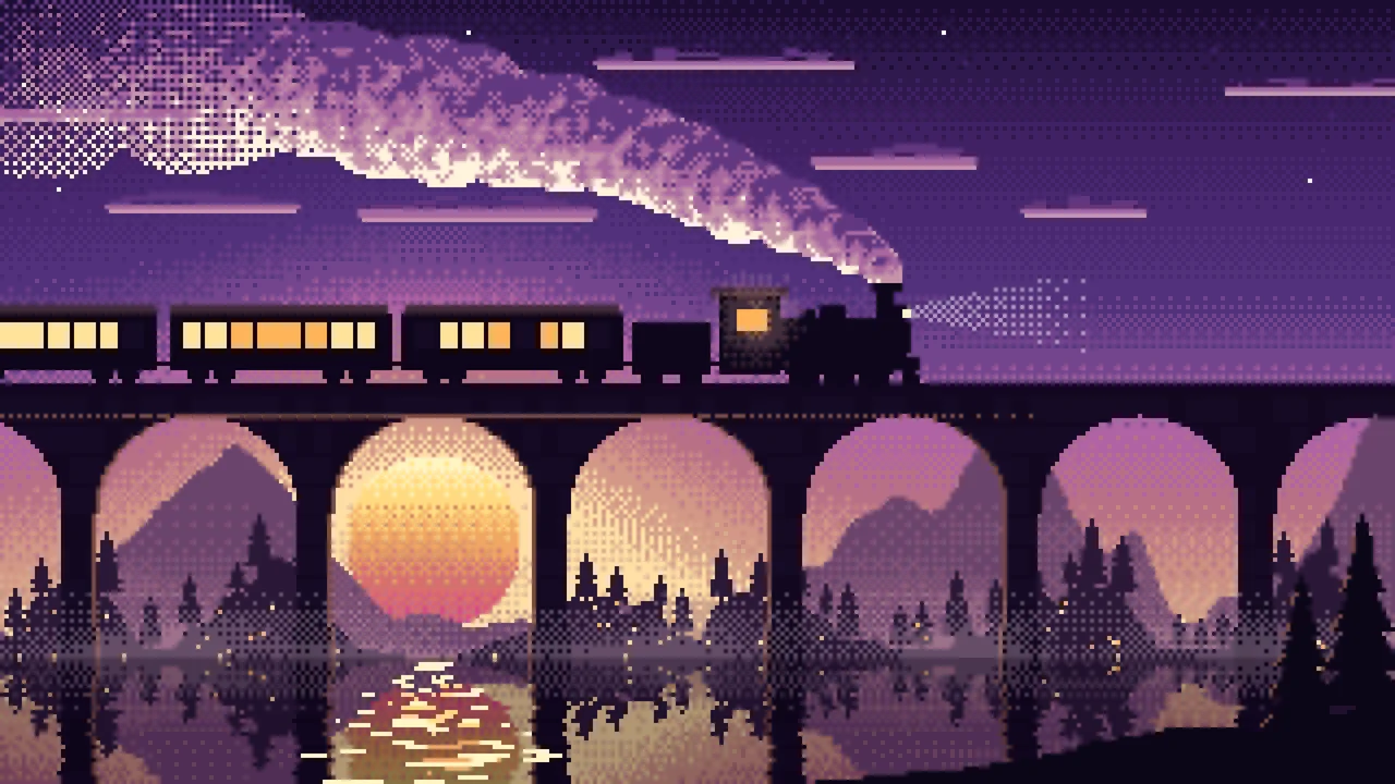 Dark Purple Pixel Art Steam Train on a Viaduct desktop wallpaper in 4K