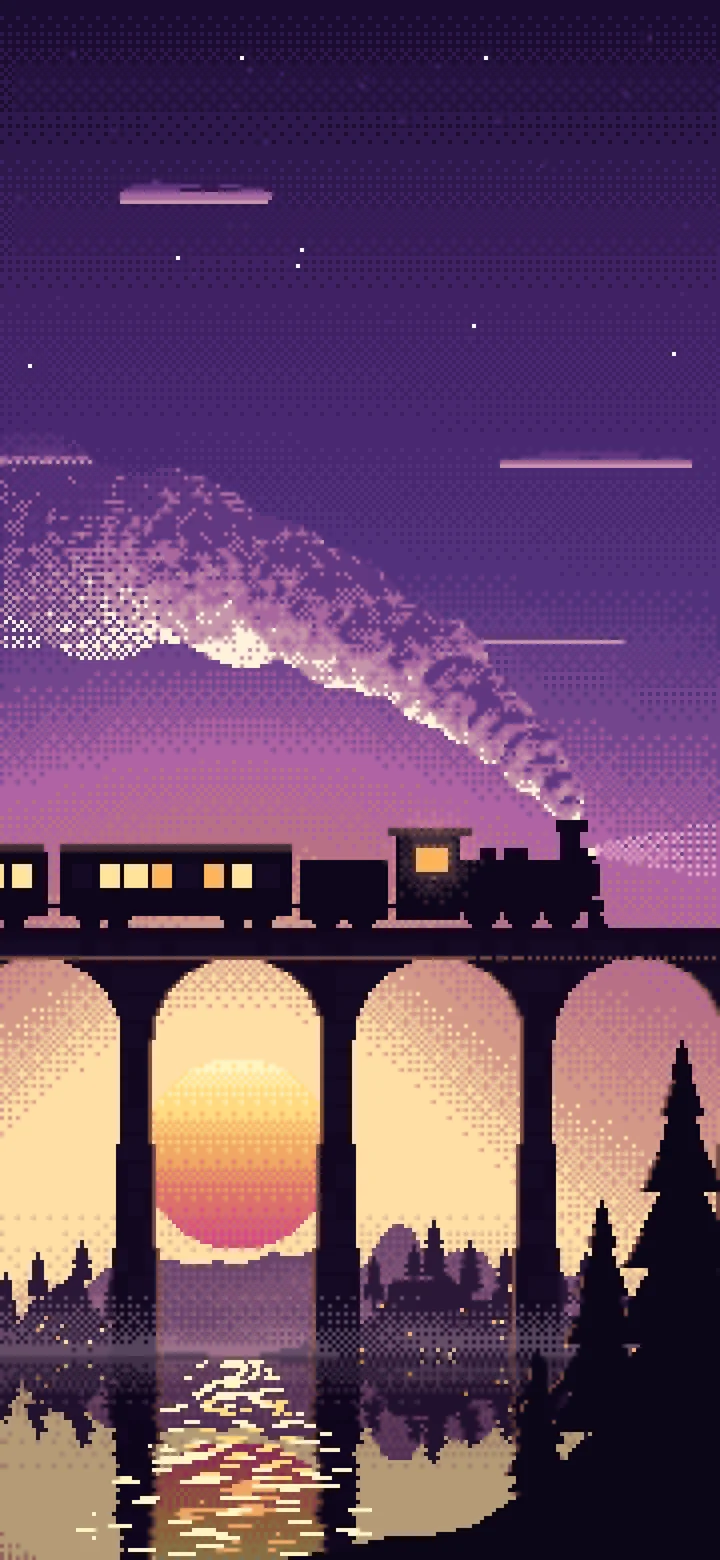 Dark Purple Pixel Art Steam Train on a Viaduct wallpaper for iPhone and Android