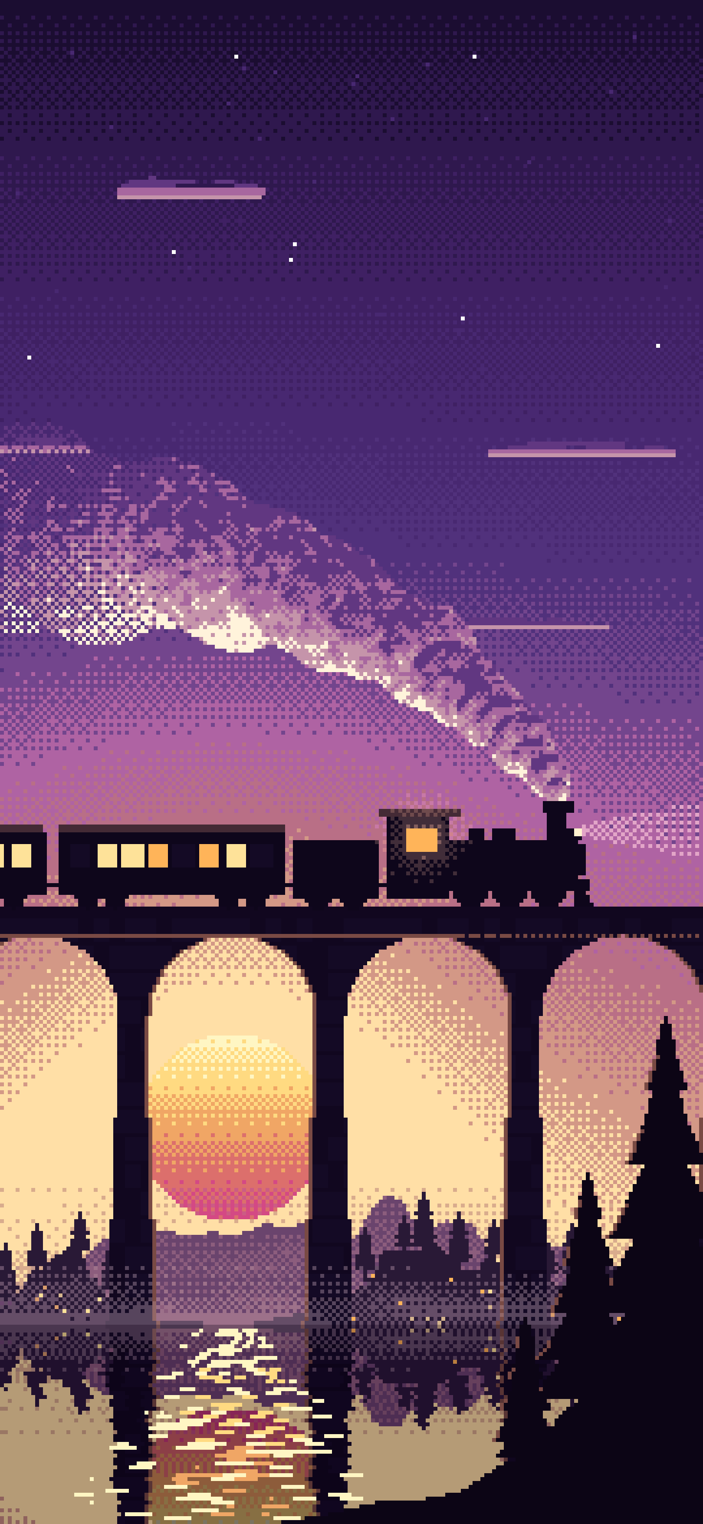 Dark Purple Pixel Art Steam Train on a Viaduct wallpaper for iPhone and Android