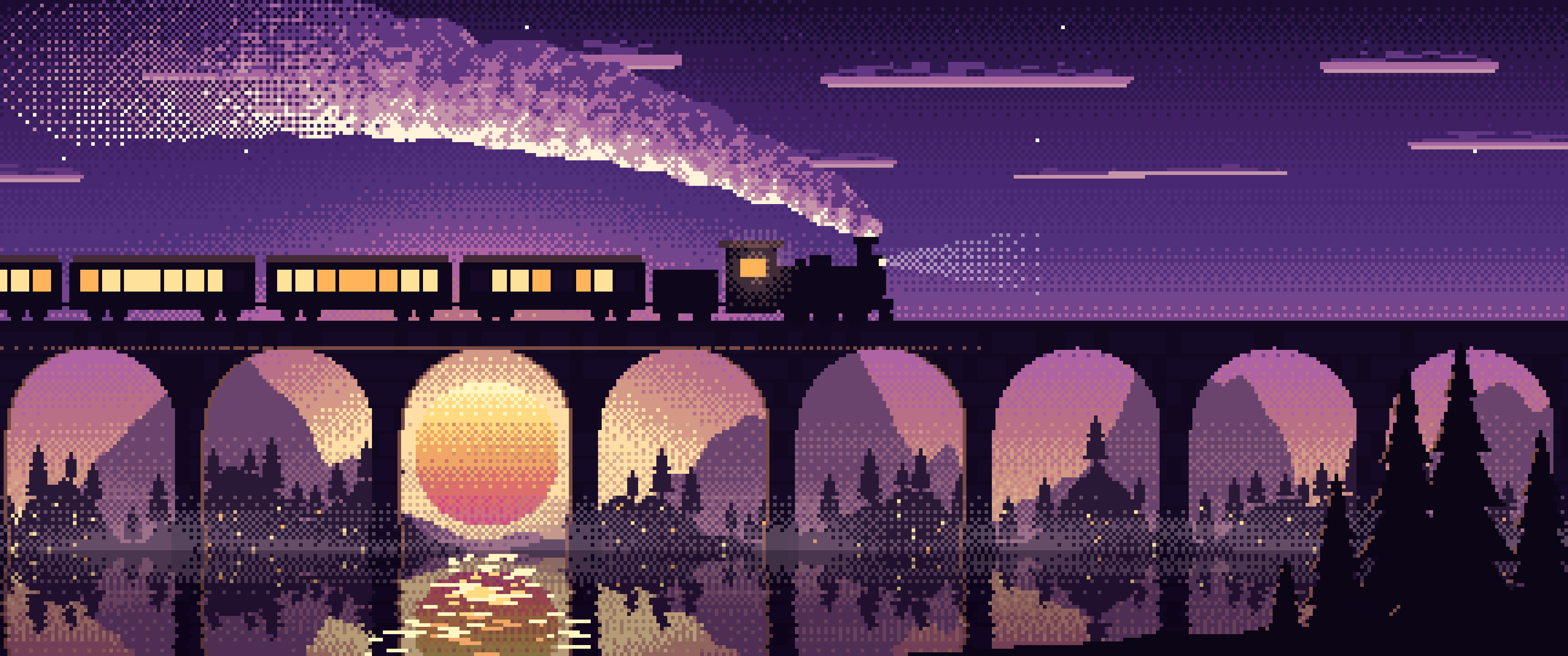 Dark Purple Pixel Art Steam Train on a Viaduct ultrawide wallpaper, 3440 × 1440