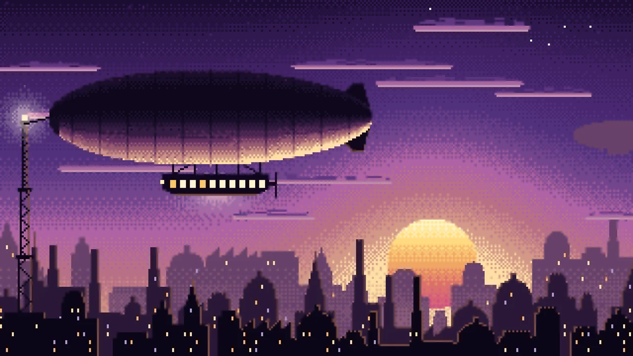 Dark Purple Pixel Art Steampunk Airship at Sunset desktop wallpaper in 4K
