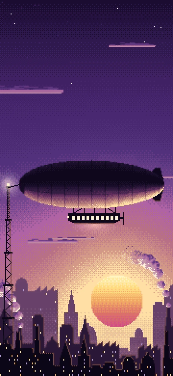 Dark Purple Pixel Art Steampunk Airship at Sunset wallpaper for iPhone and Android