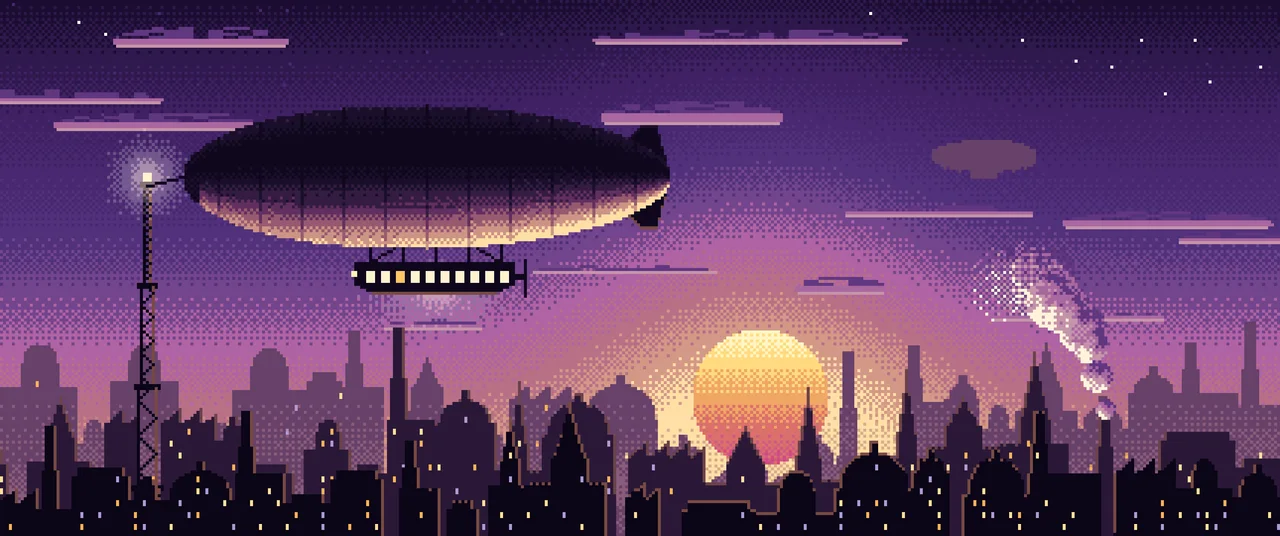 Dark Purple Pixel Art Steampunk Airship at Sunset ultrawide wallpaper, 3440 × 1440
