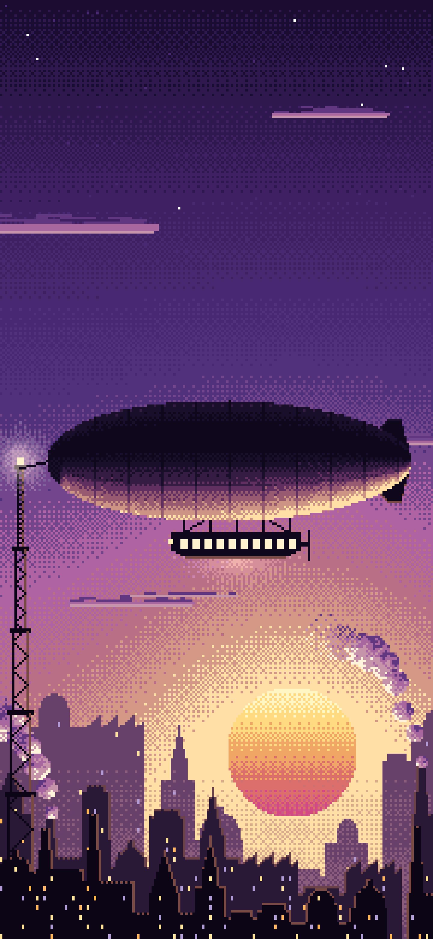 Dark Purple Pixel Art Steampunk Airship at Sunset wallpaper for iPhone and Android
