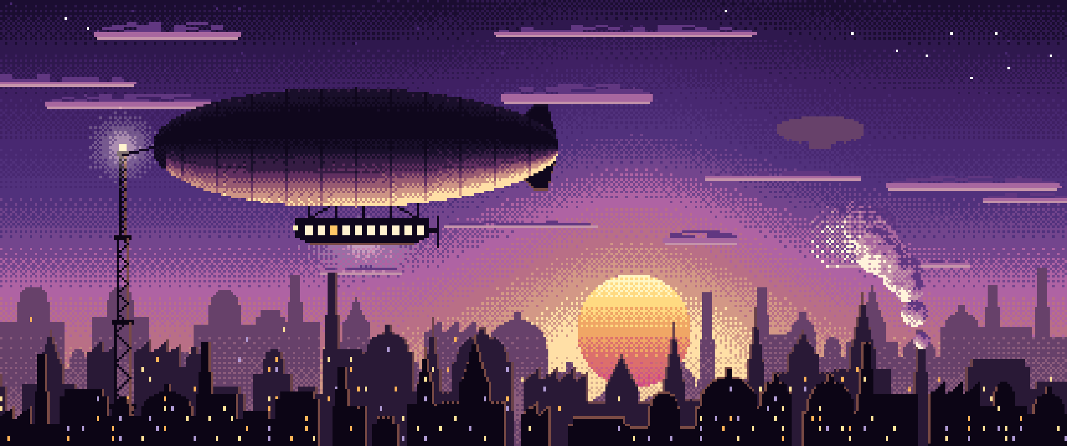 Dark Purple Pixel Art Steampunk Airship at Sunset ultrawide wallpaper, 3440 × 1440