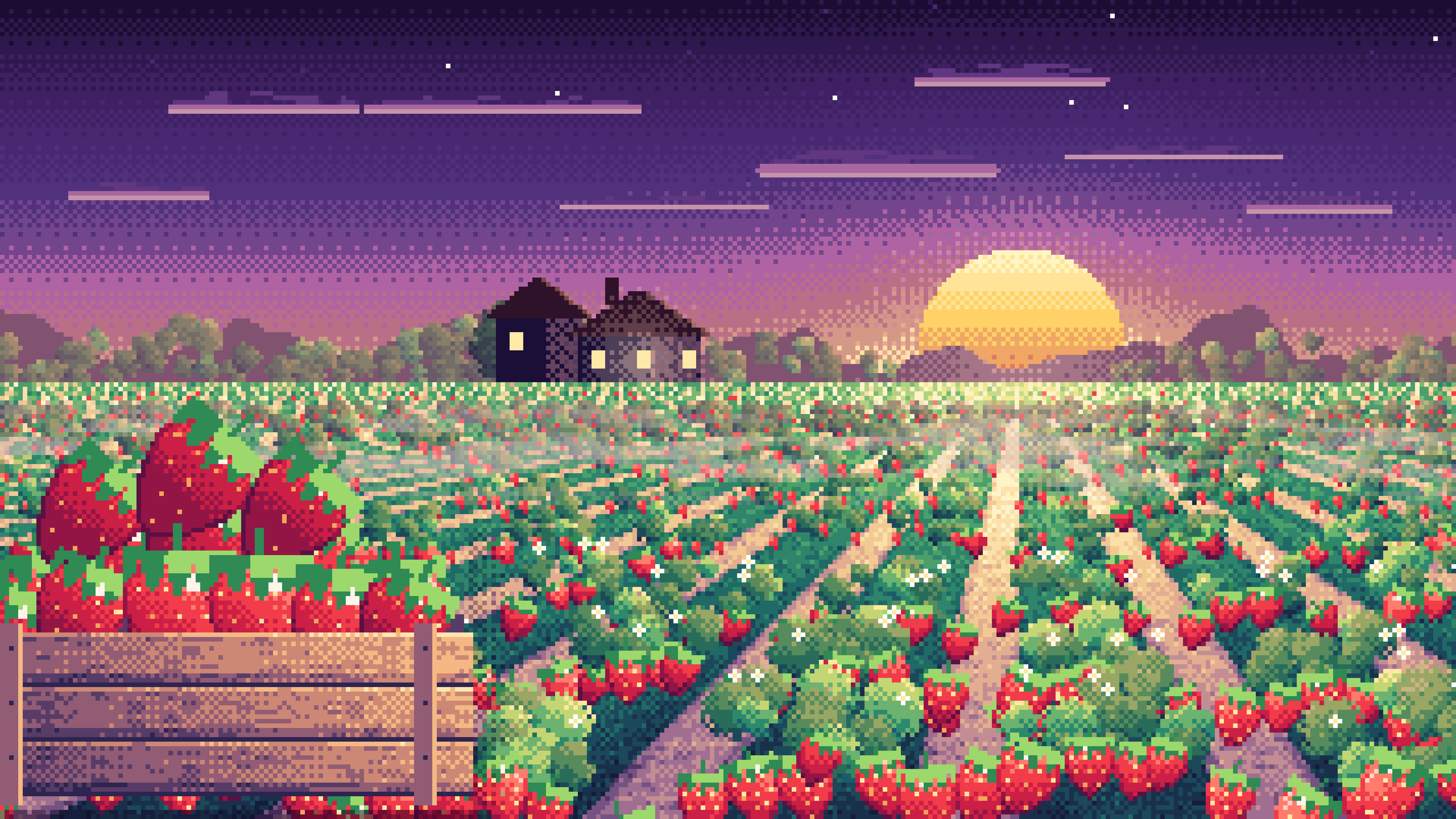 Dark Purple Pixel Art Strawberry Field at Sunrise desktop wallpaper in 4K