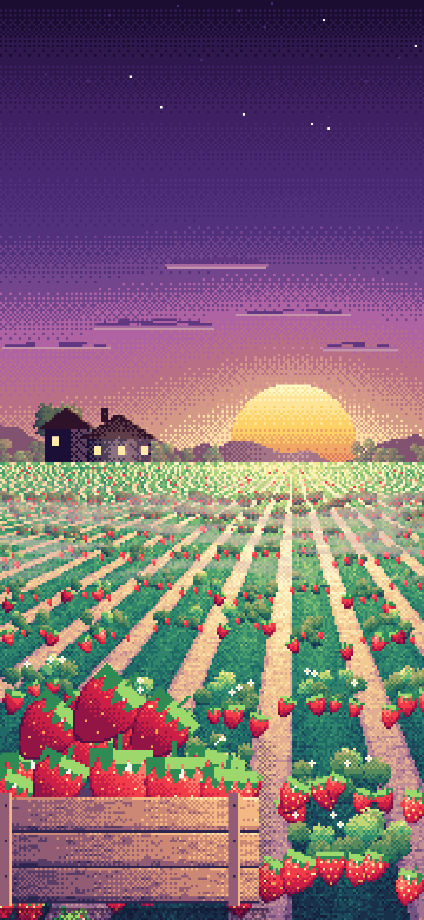 Dark Purple Pixel Art Strawberry Field at Sunrise wallpaper for iPhone and Android