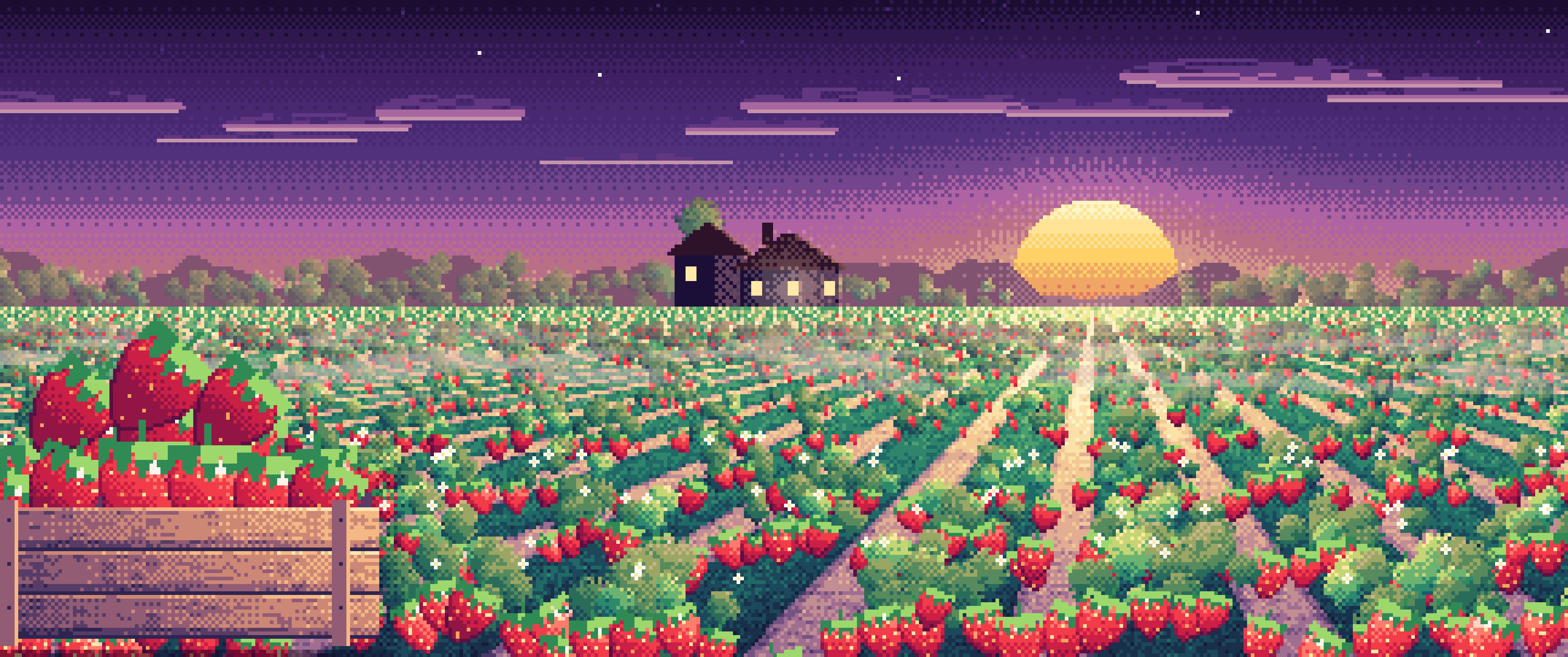 Dark Purple Pixel Art Strawberry Field at Sunrise ultrawide wallpaper, 3440 × 1440