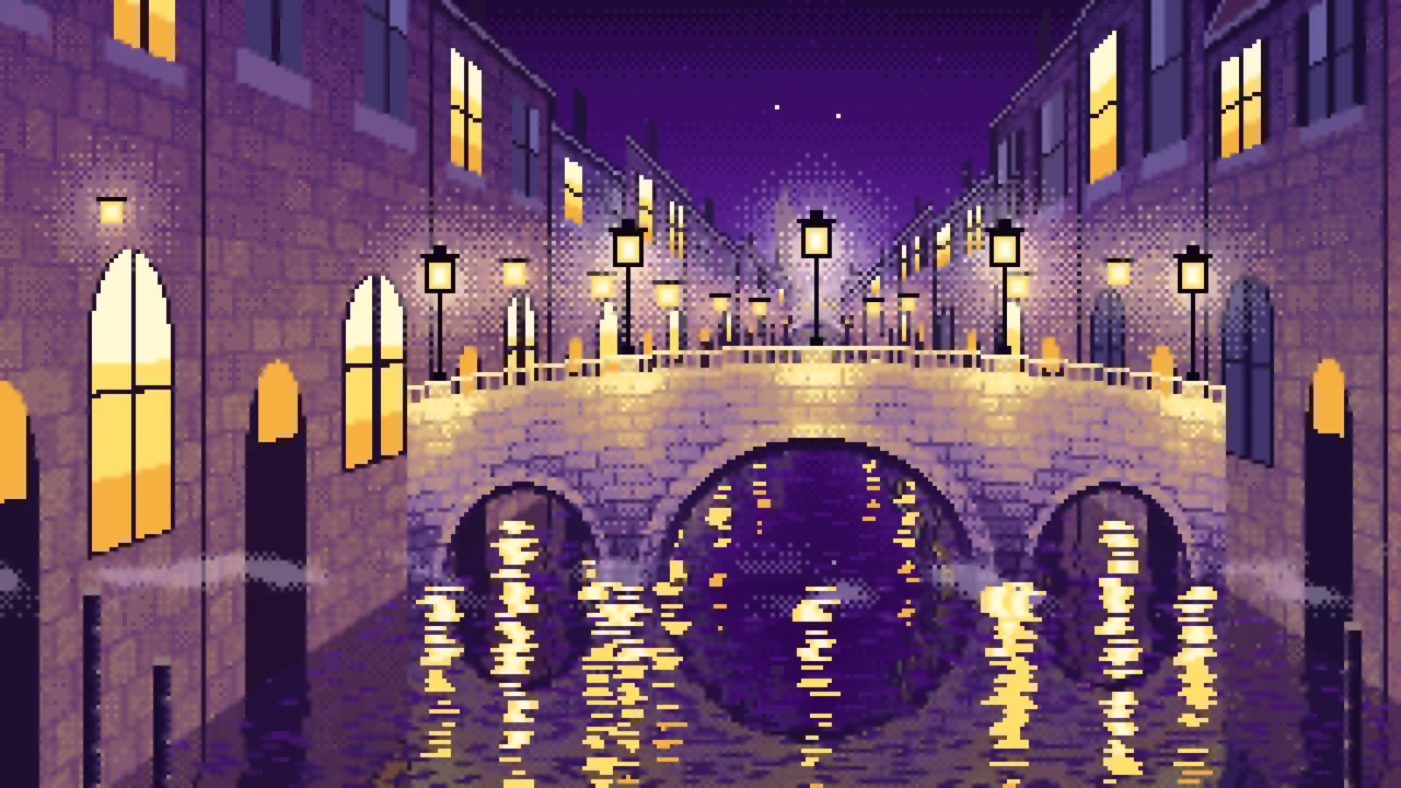 Dark Purple Pixel Art Street Lamps on a Canal Bridge at Night desktop wallpaper in 4K