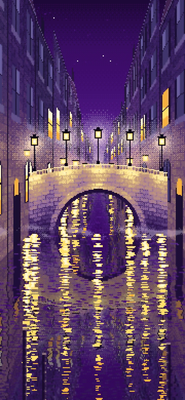 Dark Purple Pixel Art Street Lamps on a Canal Bridge at Night wallpaper for iPhone and Android