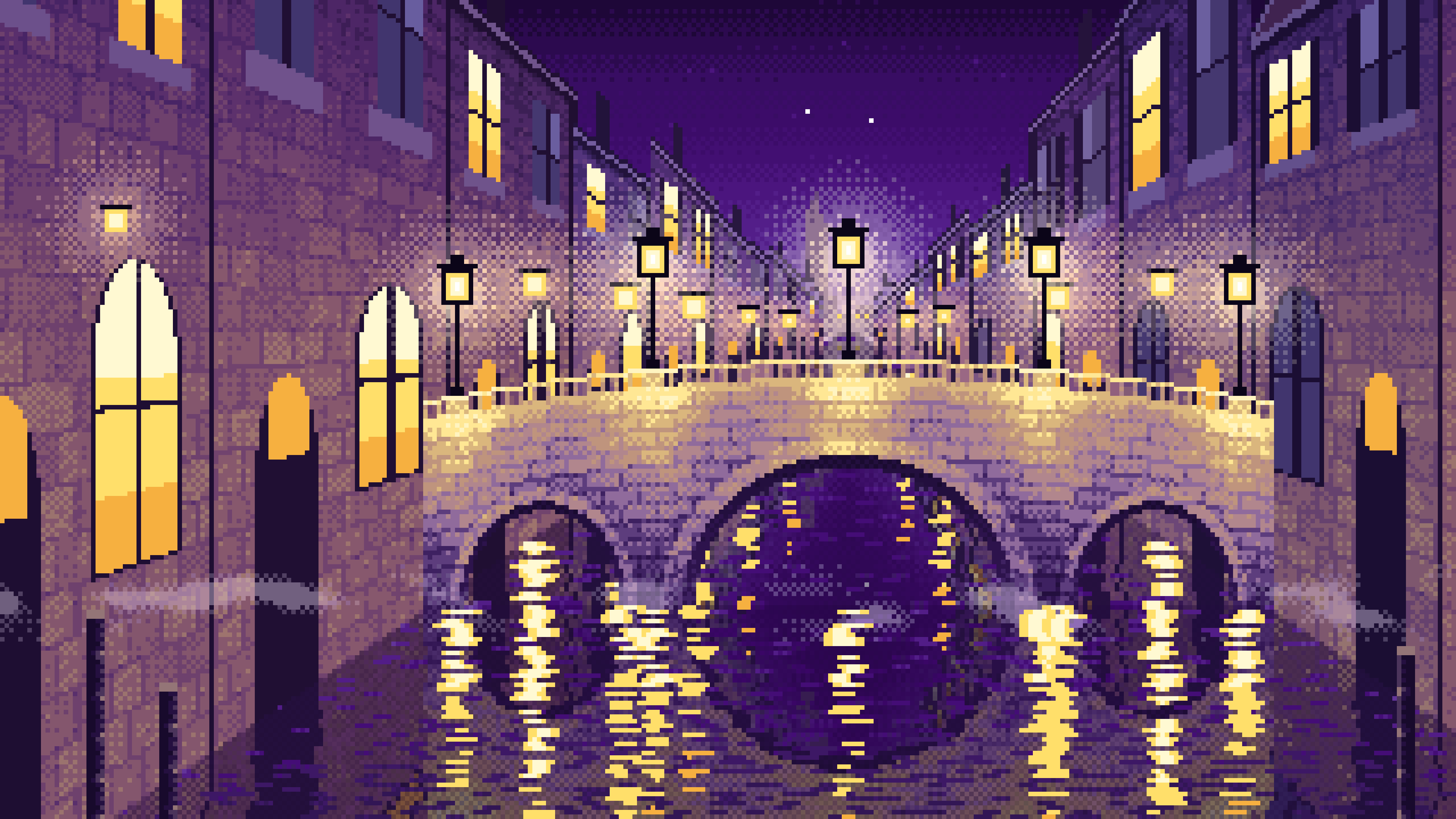Dark Purple Pixel Art Street Lamps on a Canal Bridge at Night desktop wallpaper in 4K